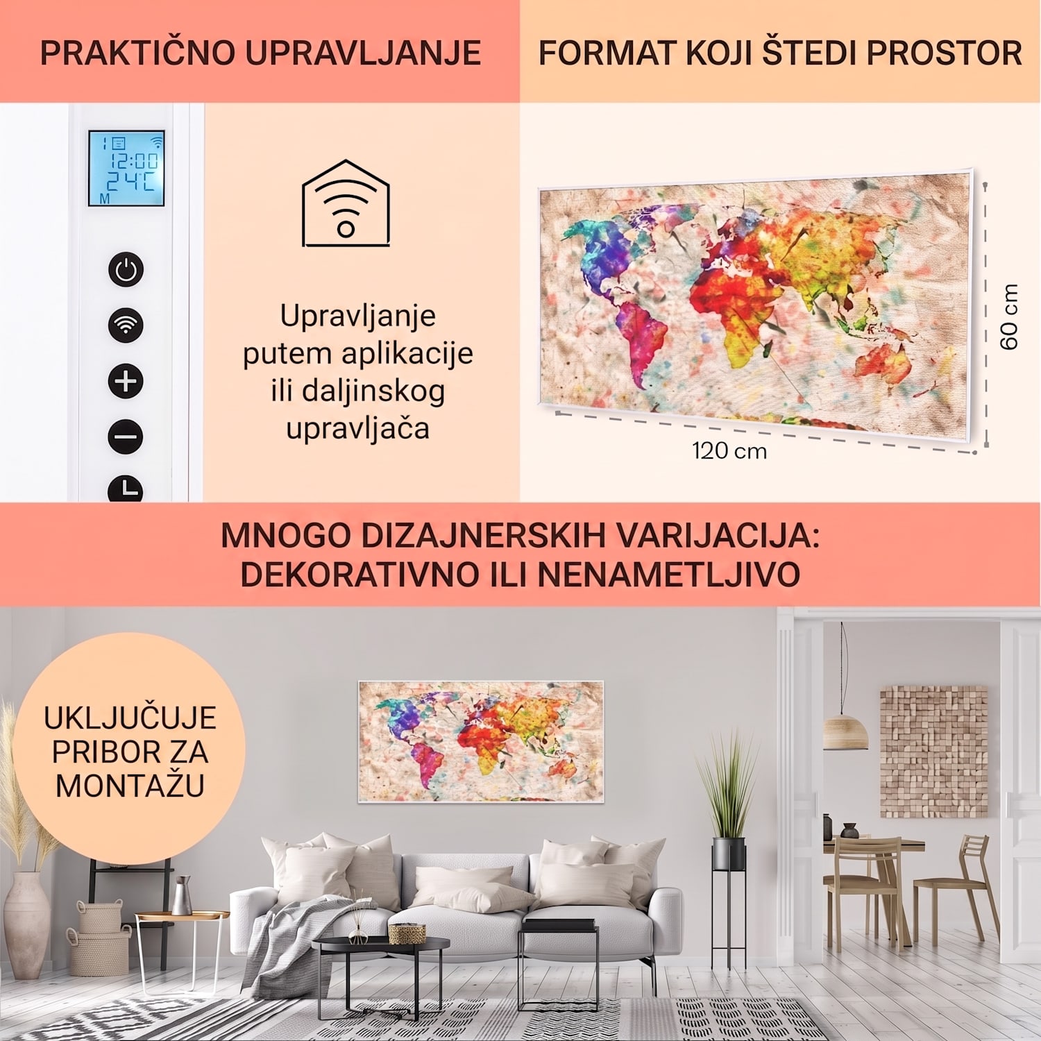 Wonderwall Air Art Smart, infracrveni grijač, karta u boji, 120 x 60 cm, 700 W 120 x 60 cm | 700 W | Karta svijeta – šarena