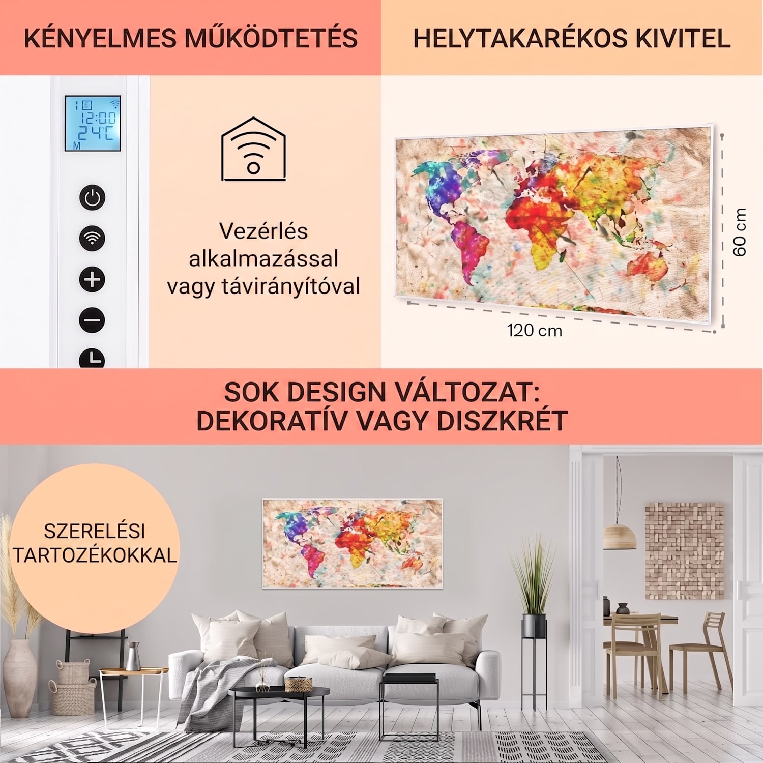 Wonderwall Air Art Smart, infravörös hősugárzó, 120 x 60 cm, 700 W, színes térkép 120 x 60 cm | 700 W | Világtérkép – színes