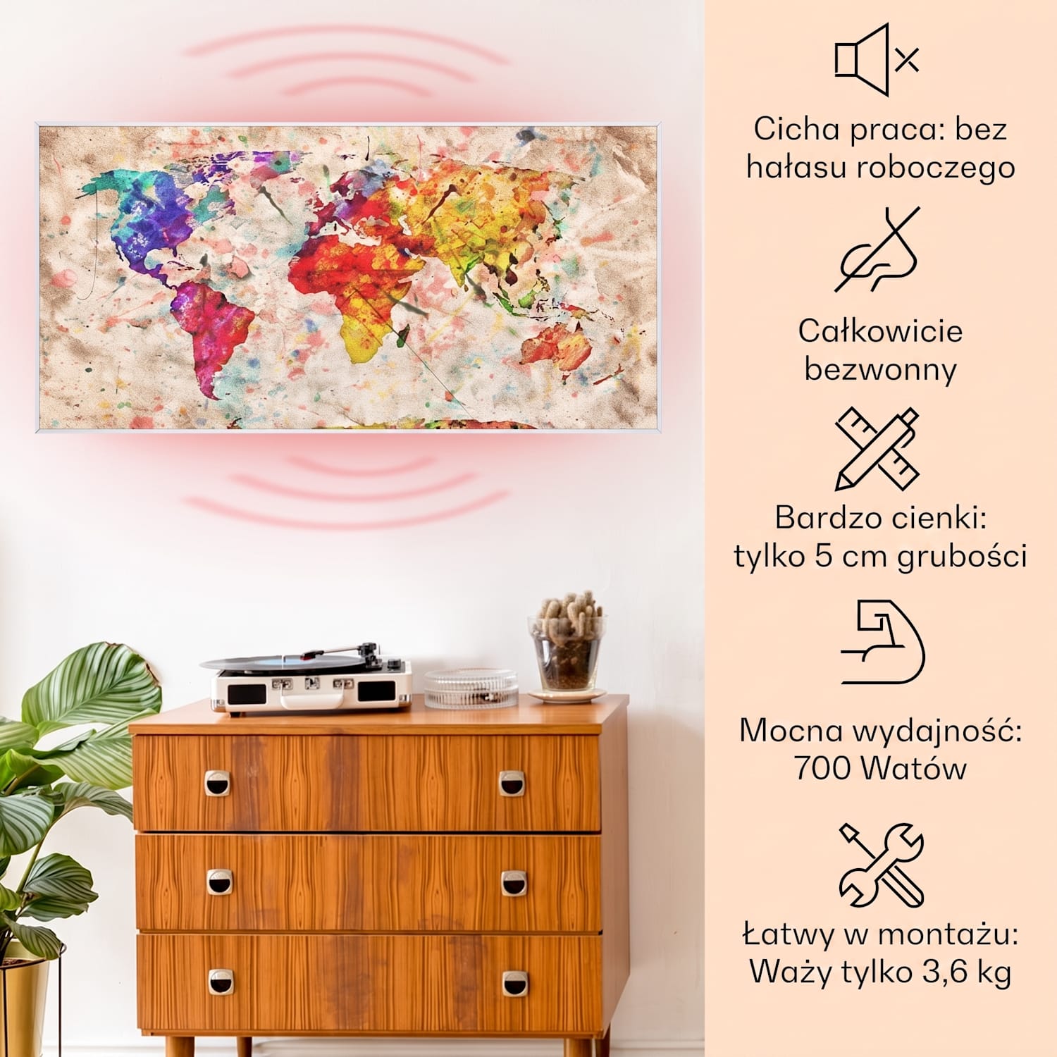 Wonderwall Air Art Smart, panel grzewczy na podczerwień, grzejnik, 120 x 60 cm, 700 W, kolorowa mapa 120 x 60 cm | 700 W | Mapa świata – kolorowa