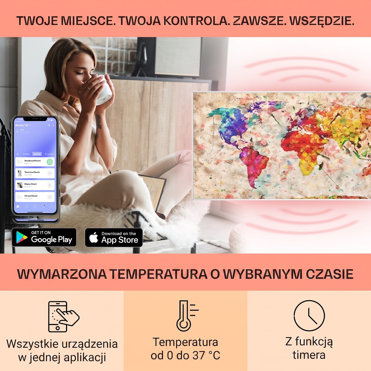 Wonderwall Air Art Smart, panel grzewczy na podczerwień, grzejnik, 120 x 60 cm, 700 W, kolorowa mapa 120 x 60 cm | 700 W | Mapa świata – kolorowa