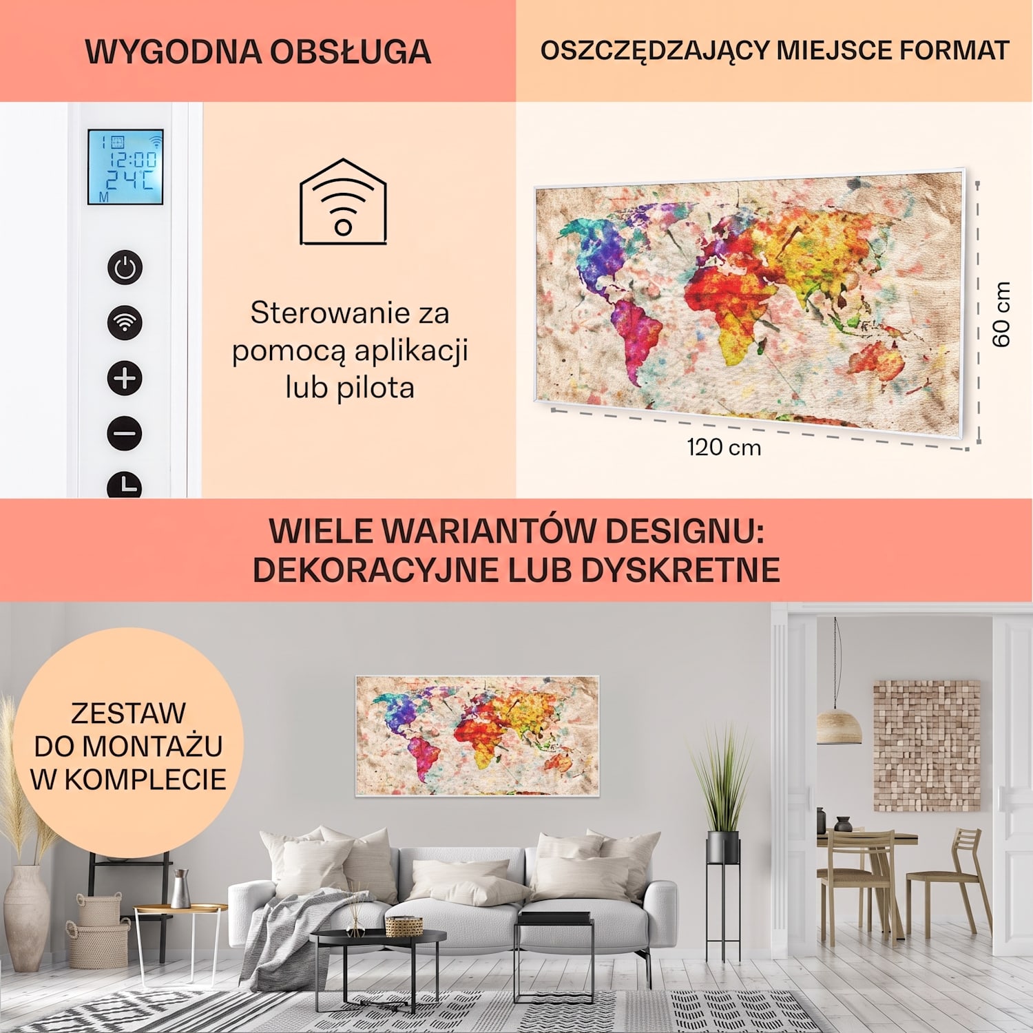 Wonderwall Air Art Smart, panel grzewczy na podczerwień, grzejnik, 120 x 60 cm, 700 W, kolorowa mapa 120 x 60 cm | 700 W | Mapa świata – kolorowa