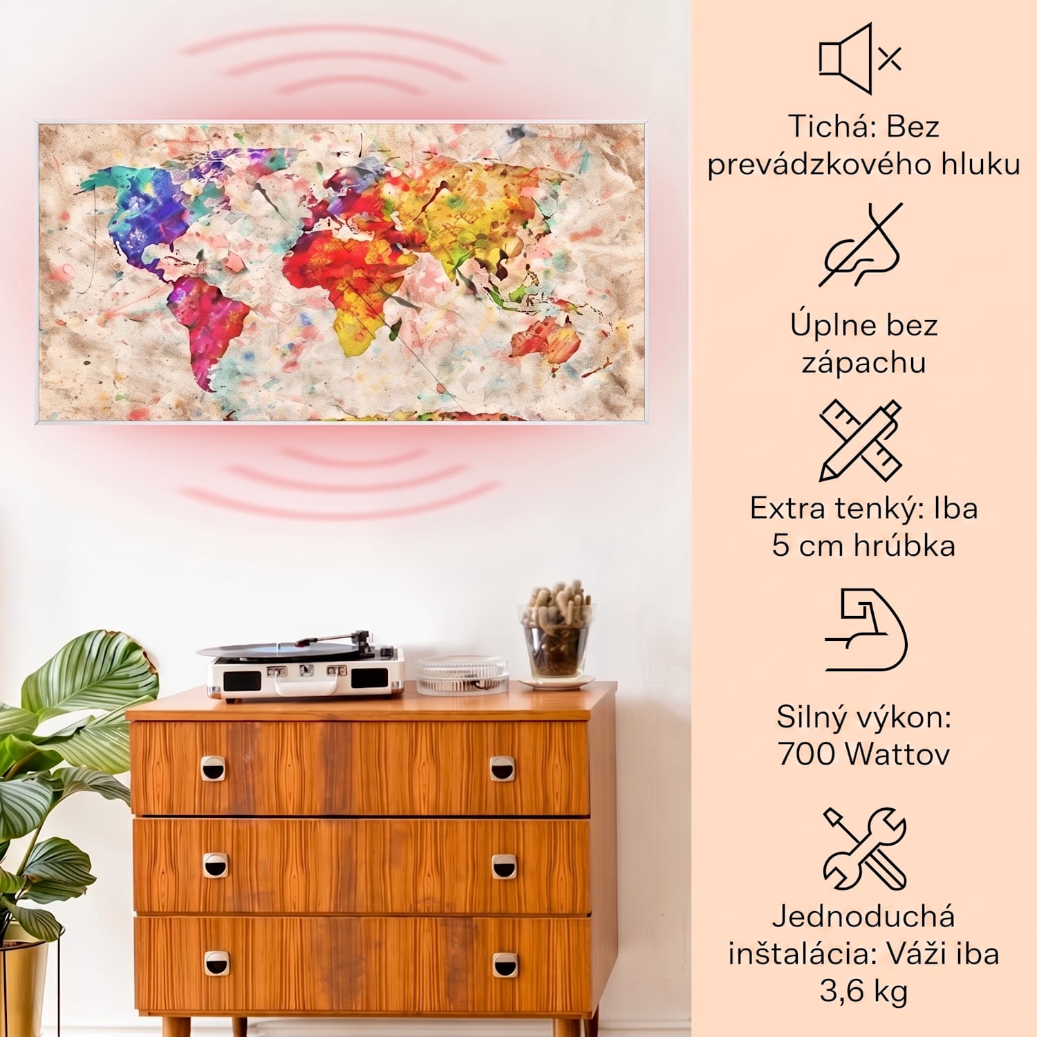 Wonderwall Air Art Smart, infračervený ohrievač, 120 x 60 cm, 700 W, farebná mapa 120 x 60 cm | 700 W | Mapa sveta – farebná