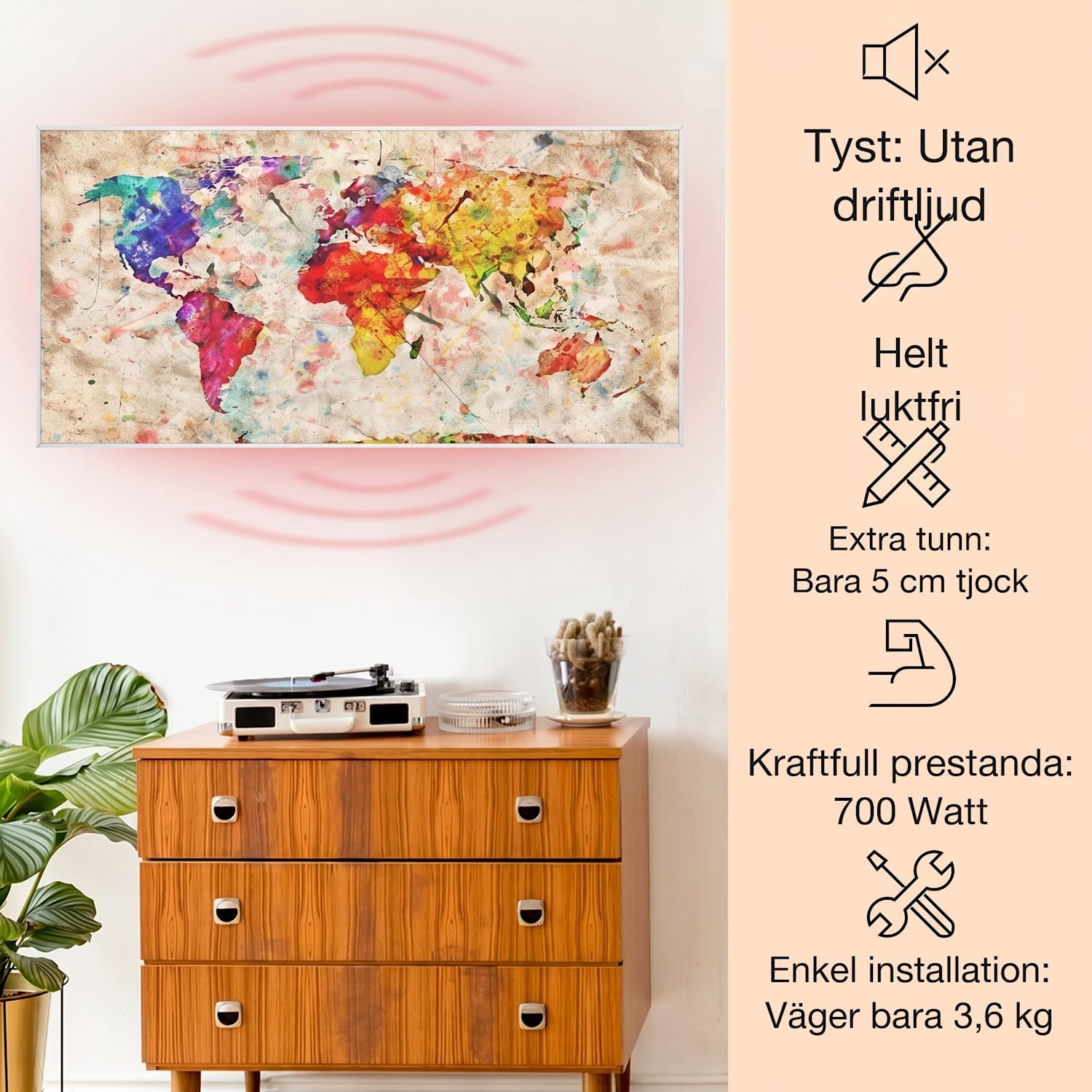 Wonderwall Air Art Smart IR-värmare färgglad karta 120x60cm 700 W 120 x 60 cm | 700 W | Världskarta – färgglad