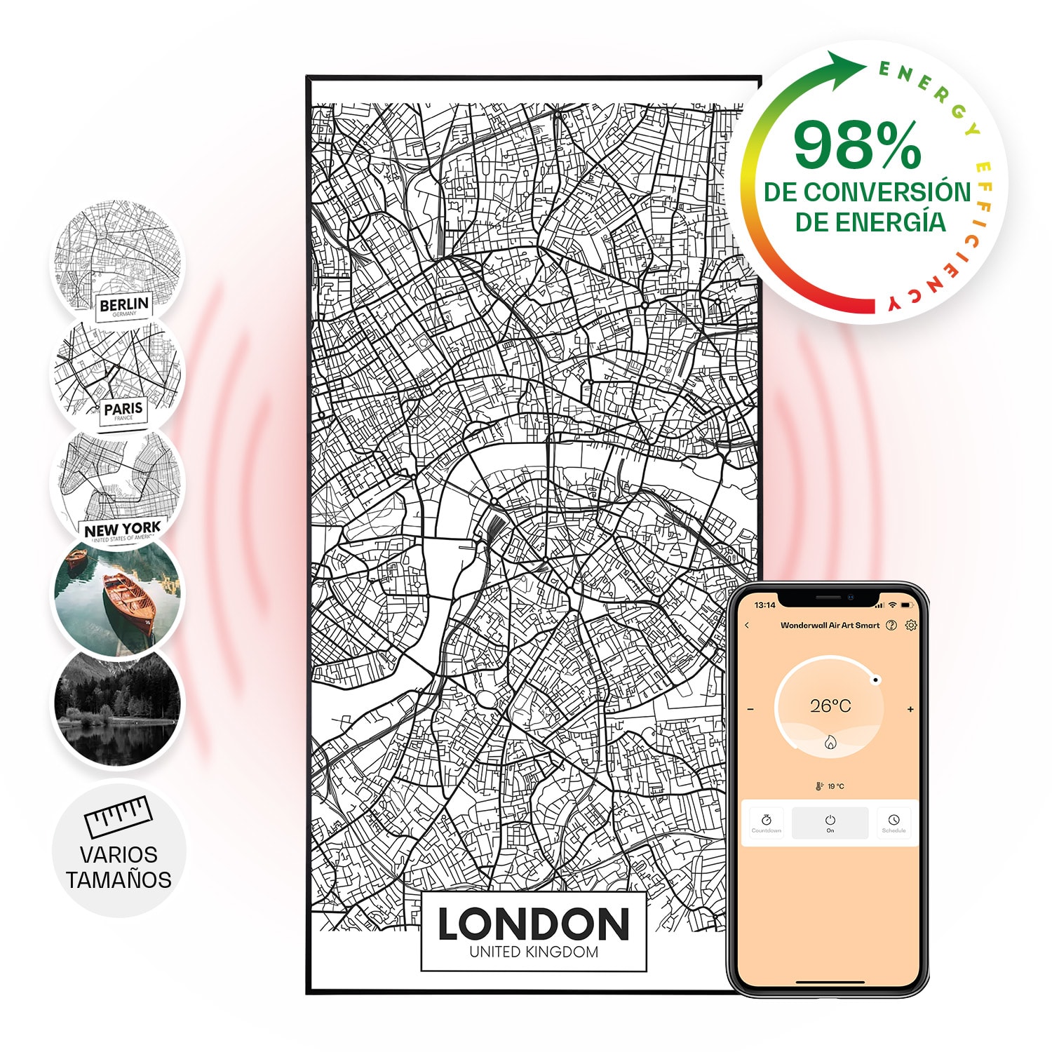 Wonderwall Air Art Calefactor infrarrojo inteligente de mapa de Londres 60 x 120 cm 700 W 60 x 120 cm | Mapa de la ciudad Londres, Marco Negro