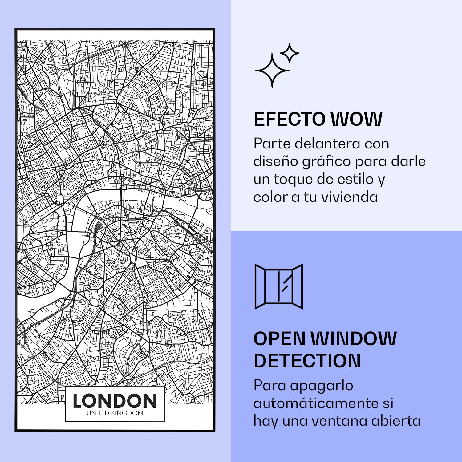 Wonderwall Air Art Calefactor infrarrojo inteligente de mapa de Londres 60 x 120 cm 700 W 60 x 120 cm | Mapa de la ciudad Londres, Marco Negro