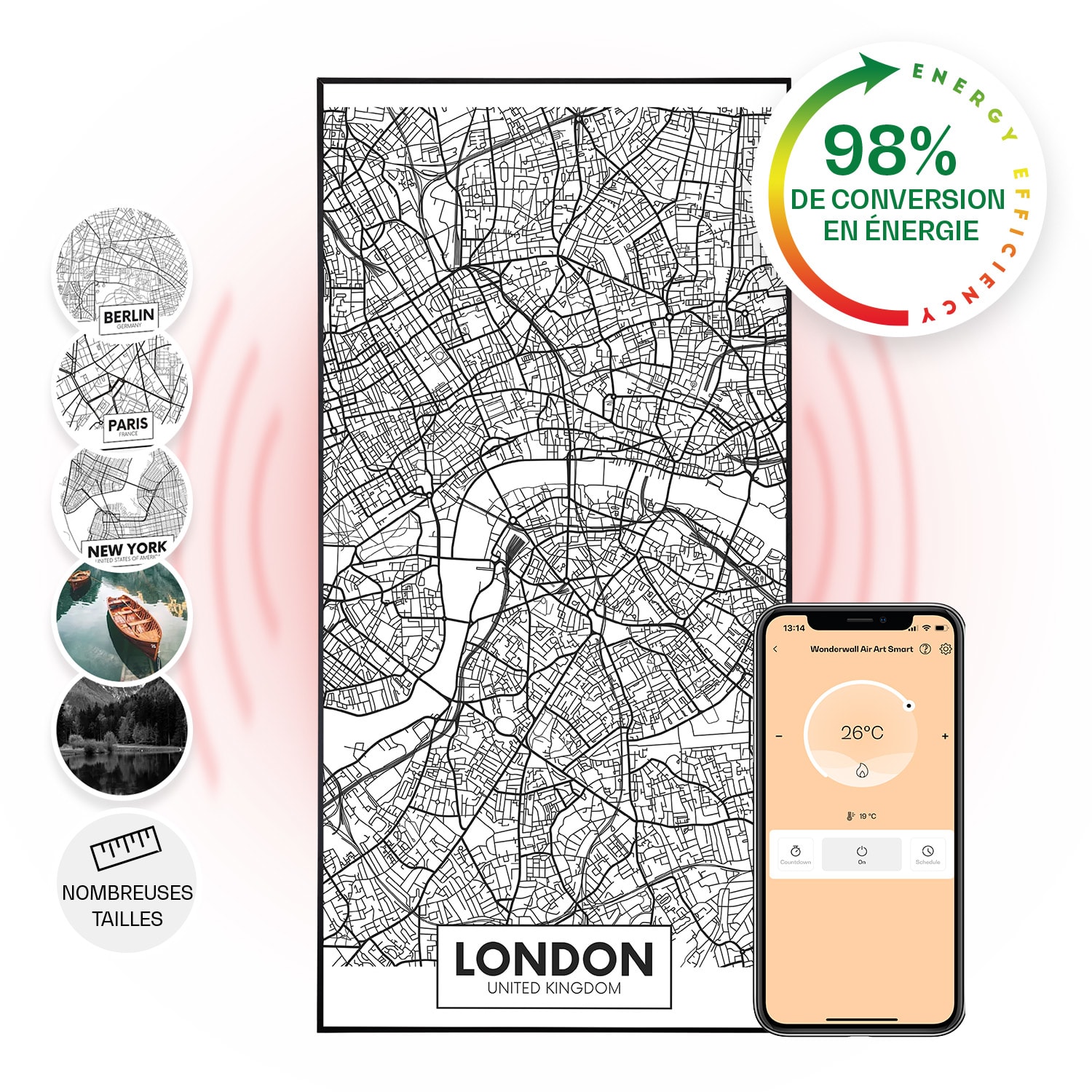Radiateur infrarouge intelligent Wonderwall Air Art plan de Londres 60x120 cm 700 W 60 x 120 cm | Carte de la ville London, Cadre noir