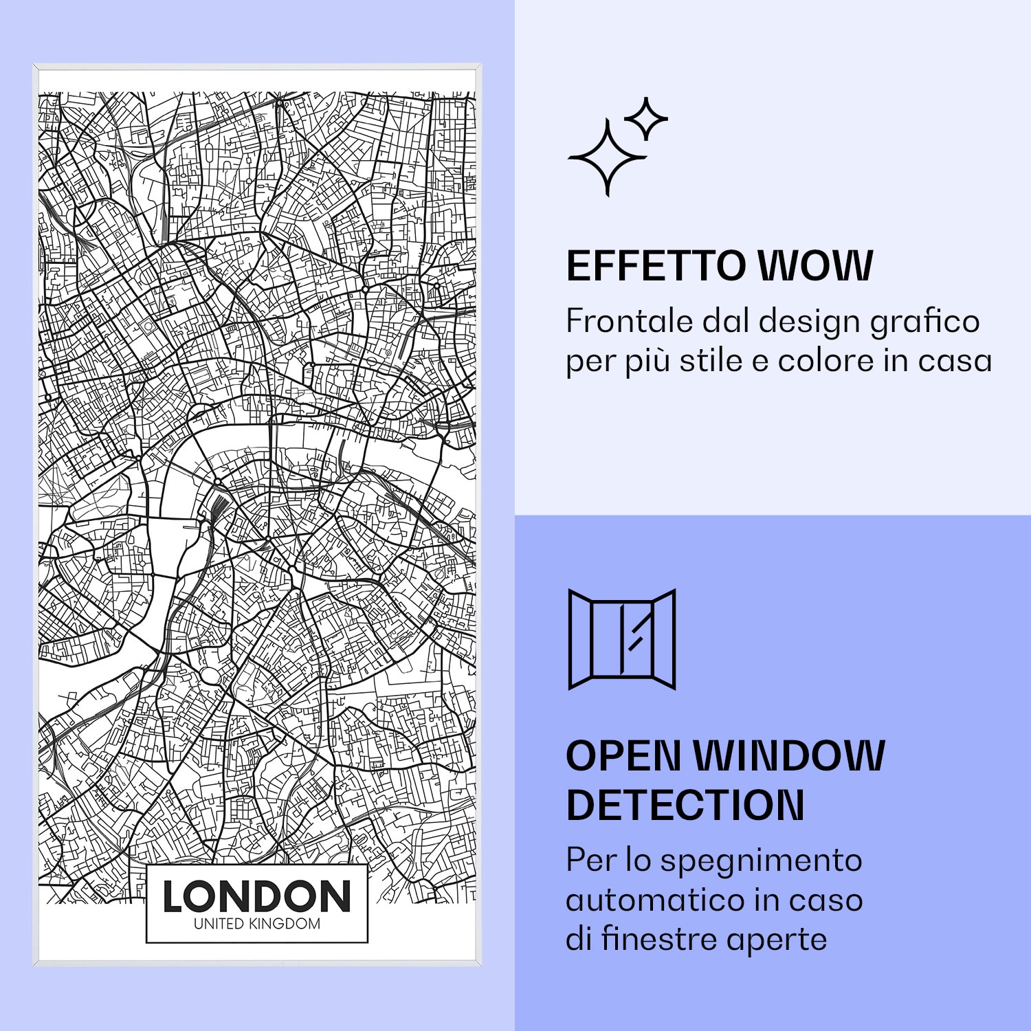 Wonderwall Air Art Smart Riscaldatore a infrarossi Piantina di Londra 60x120cm 700W 60 x 120 cm | Mappa della città Londra, cornice bianca