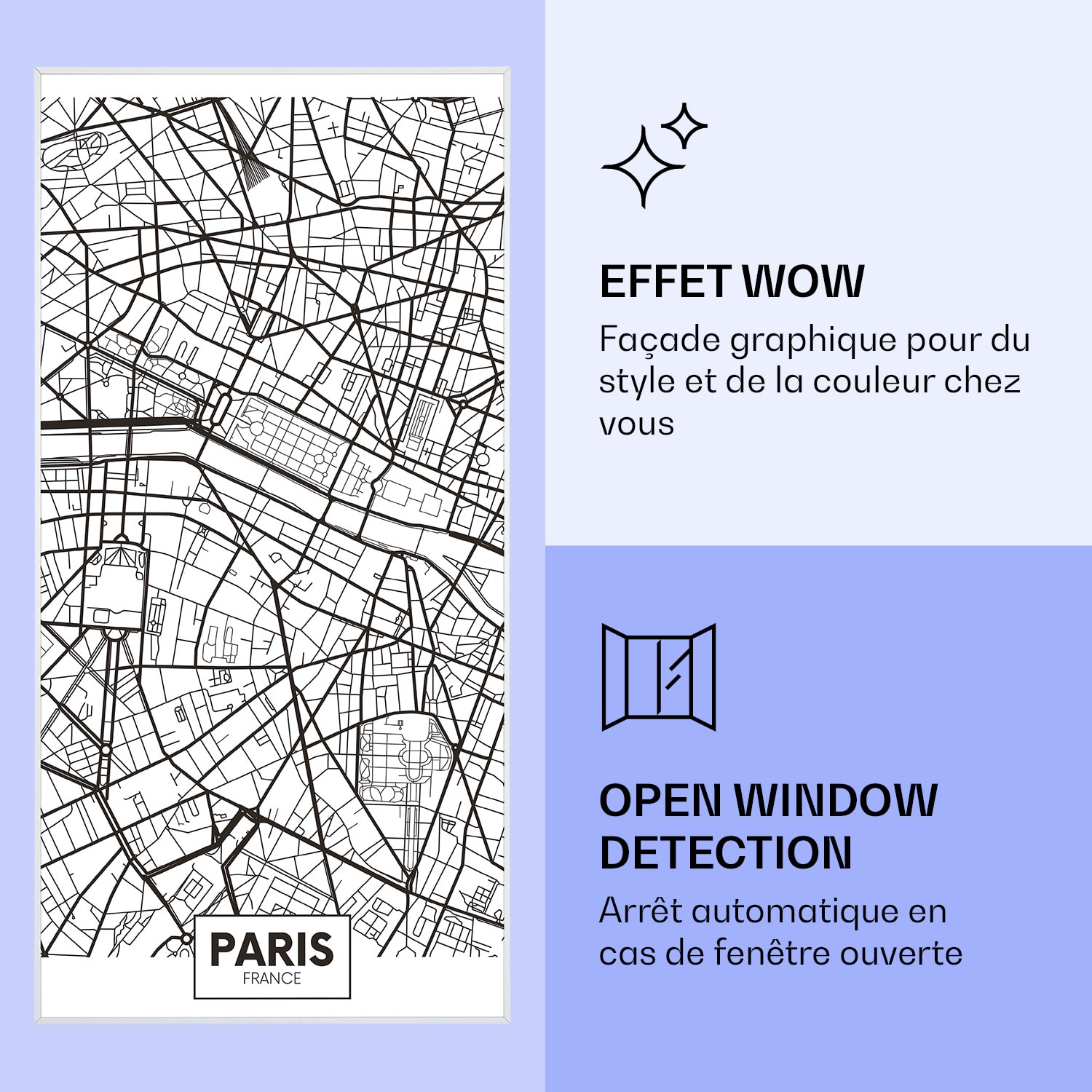 Radiateur infrarouge intelligent Wonderwall Air Art plan de Paris 60x120 cm 700 W 60 x 120 cm | Carte de la ville Paris, cadre blanc
