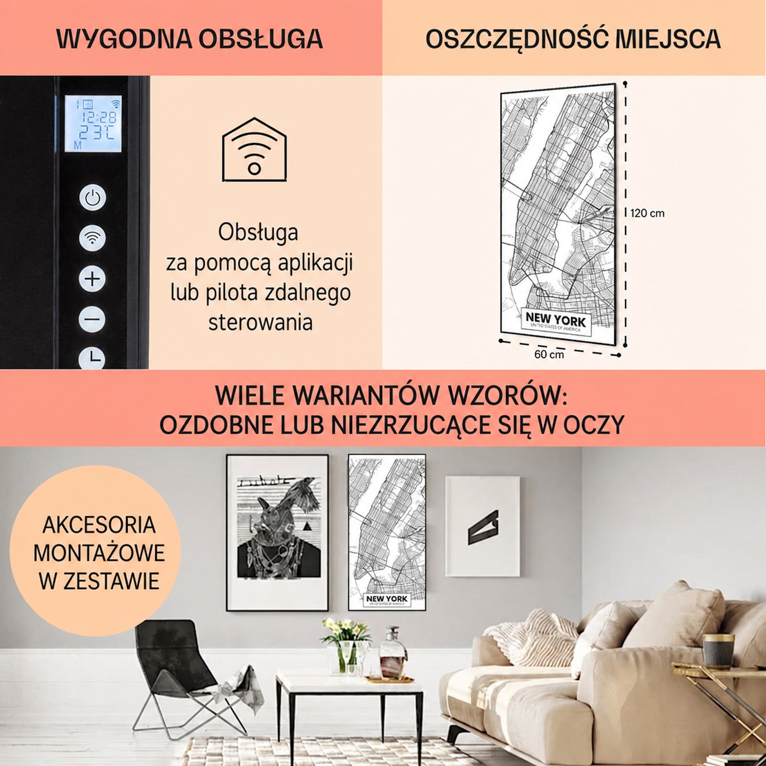 Wonderwall Air Art Smart, panel grzewczy na podczerwień, grzejnik, 60 x 120 cm, 700 W, mapa Nowego Jorku 60 x 120 cm | Mapa miasta Nowy Jork, czarna ramka