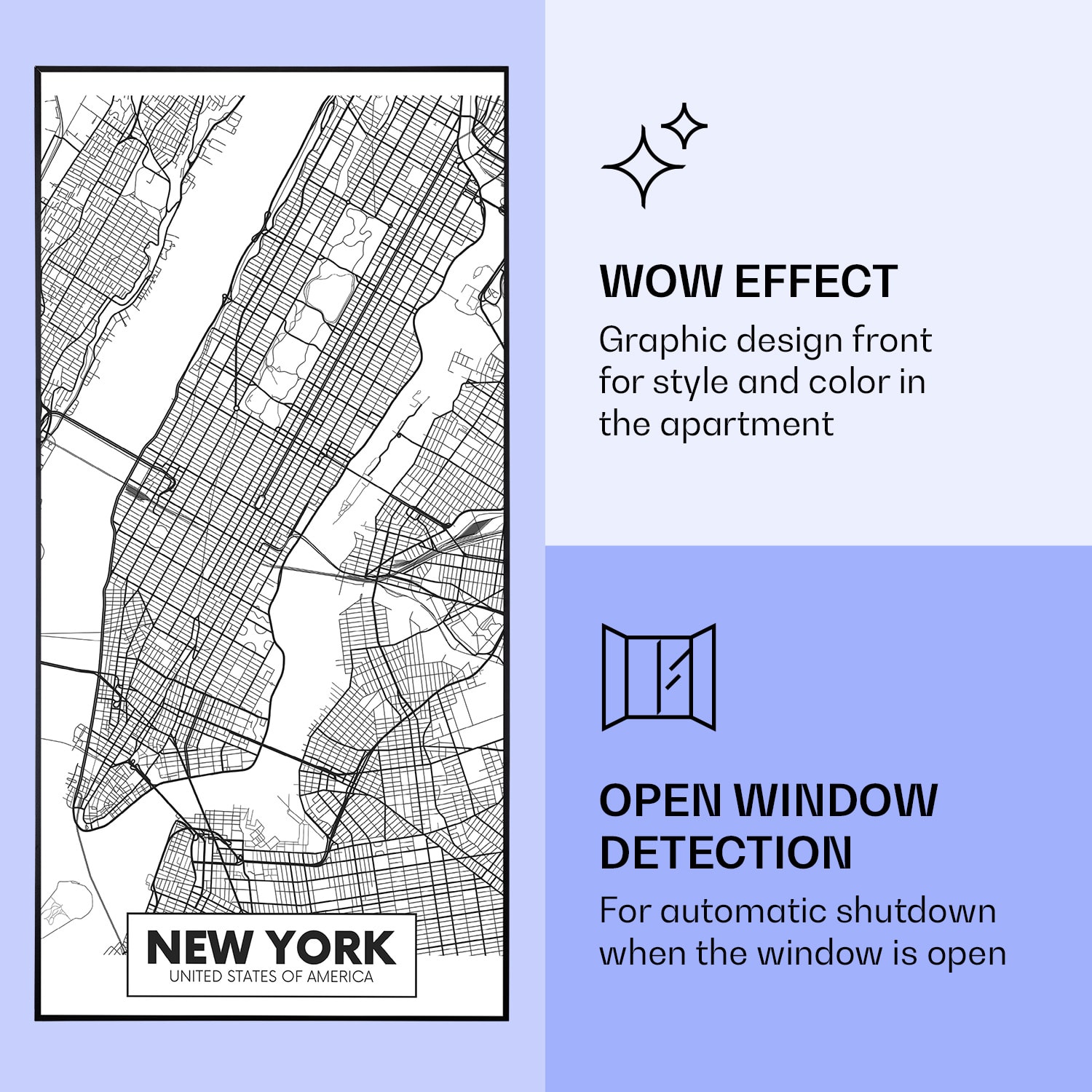 Wonderwall Air Art Smart, infracrveni grijač, karta grada New Yorka, 60 x 120 cm, 700 W 60 x 120 cm | Karta grada New York, crni okvir