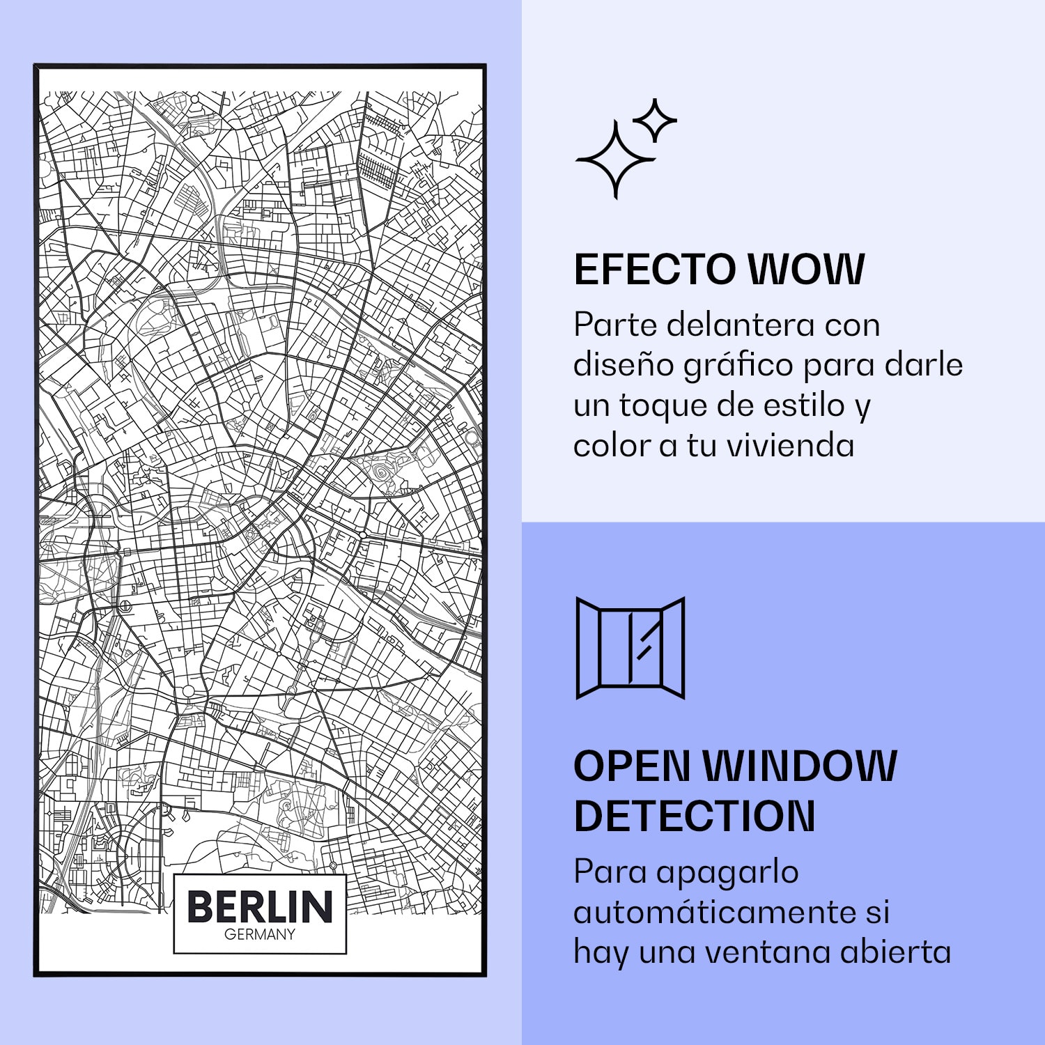 Wonderwall Air Art Calefactor infrarrojo inteligente de mapa de Berlín 60 x 120 cm 700 W 60 x 120 cm | Mapa de la ciudad Berlín, Marco Negro