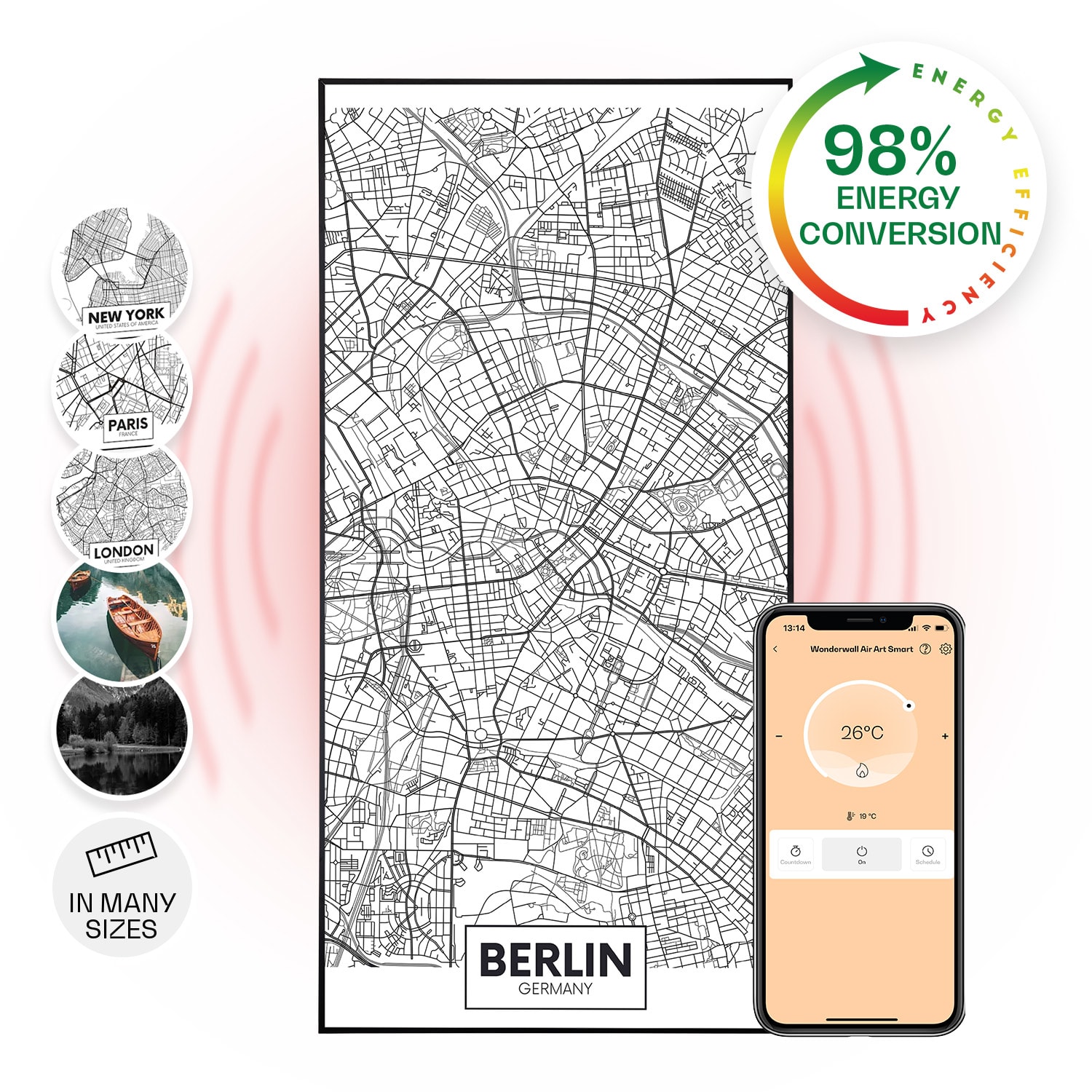 Wonderwall Air Art Smart, panel grzewczy na podczerwień, mapa miasta Berlina, 60 x 120 cm, 700 W 60 x 120 cm | Mapa miasta Berlin, czarna ramka
