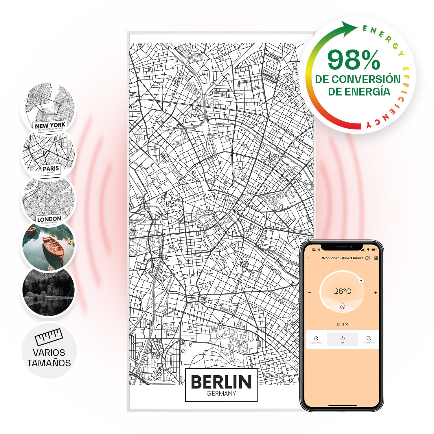Wonderwall Air Art Calefactor infrarrojo inteligente de mapa de Berlín 60 x 120 cm 700 W 60 x 120 cm | Mapa de la ciudad Berlín, Marco Blanco