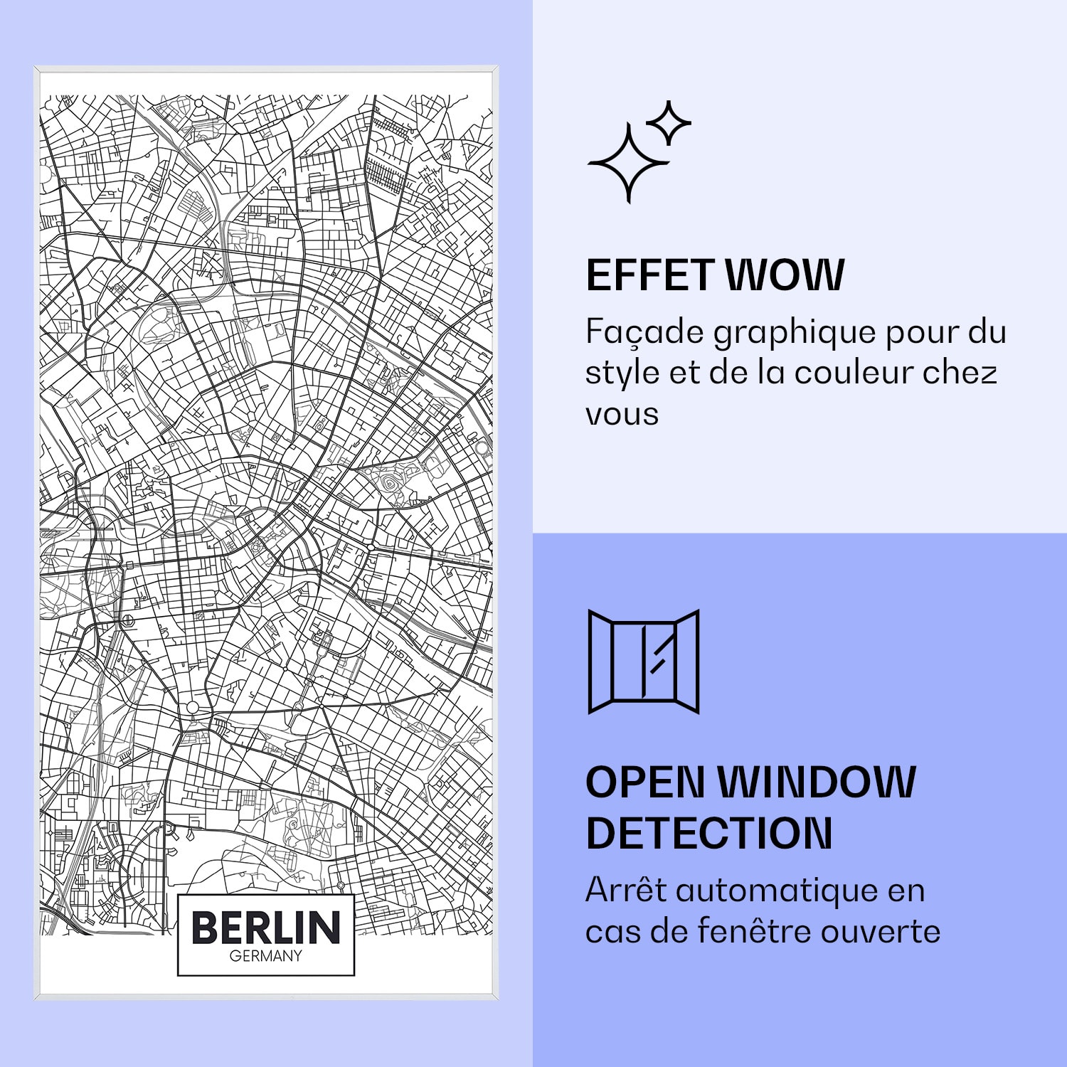 Radiateur infrarouge intelligent Wonderwall Air Art plan de Berlin 60x120 cm 700 W 60 x 120 cm | Carte de la ville Berlin, cadre blanc