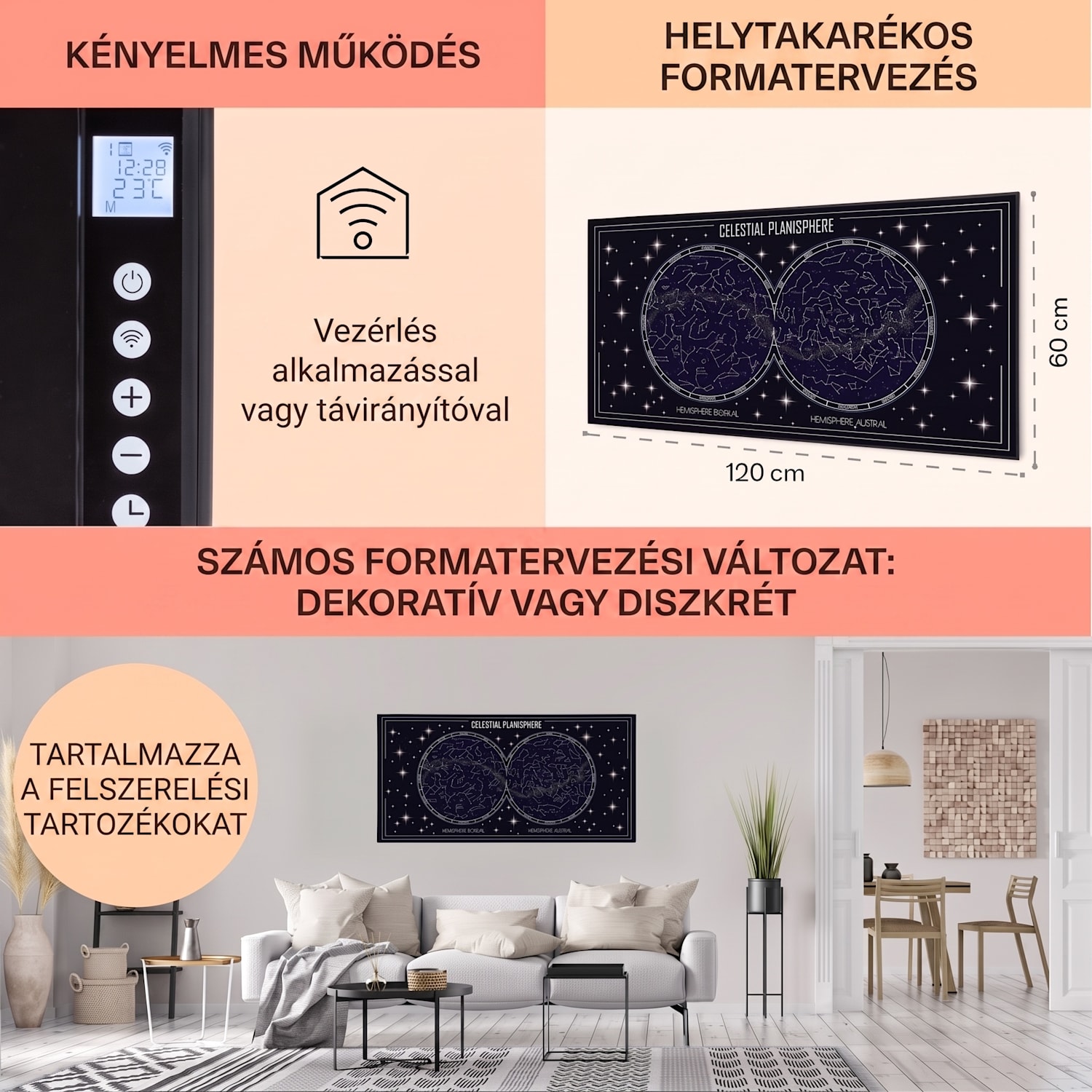 Wonderwall Air Art Smart, infravörös hősugárzó, 120 x 60 cm, 700 W, égbolt térkép 120 x 60 cm | 700 W | Égbolt térkép