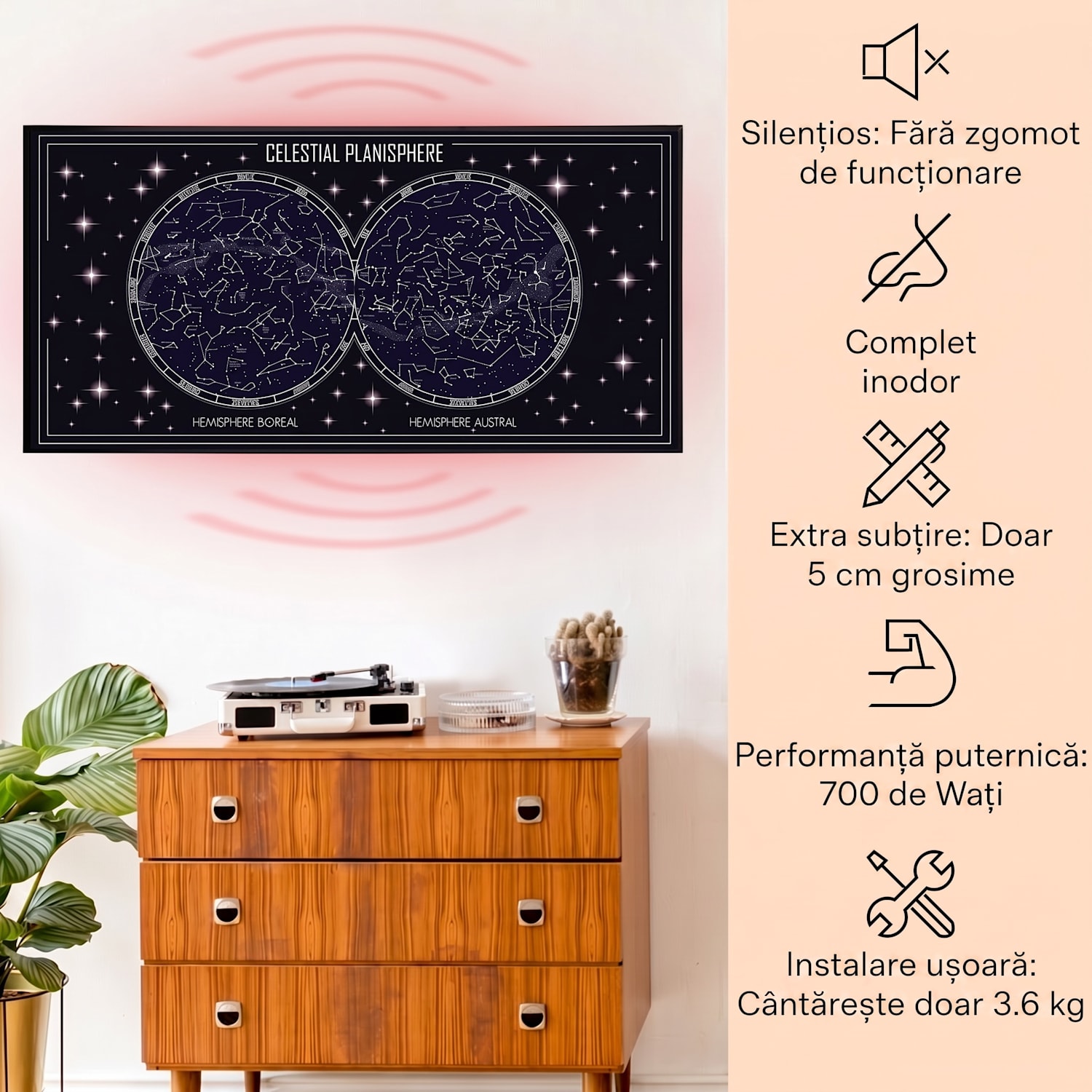 Wonderwall Air Art Smart, încălzitor cu infraroșu, harta cerului, 120 x 60 cm, 700 W 120 x 60 cm | 700 W | Hartă a cerului