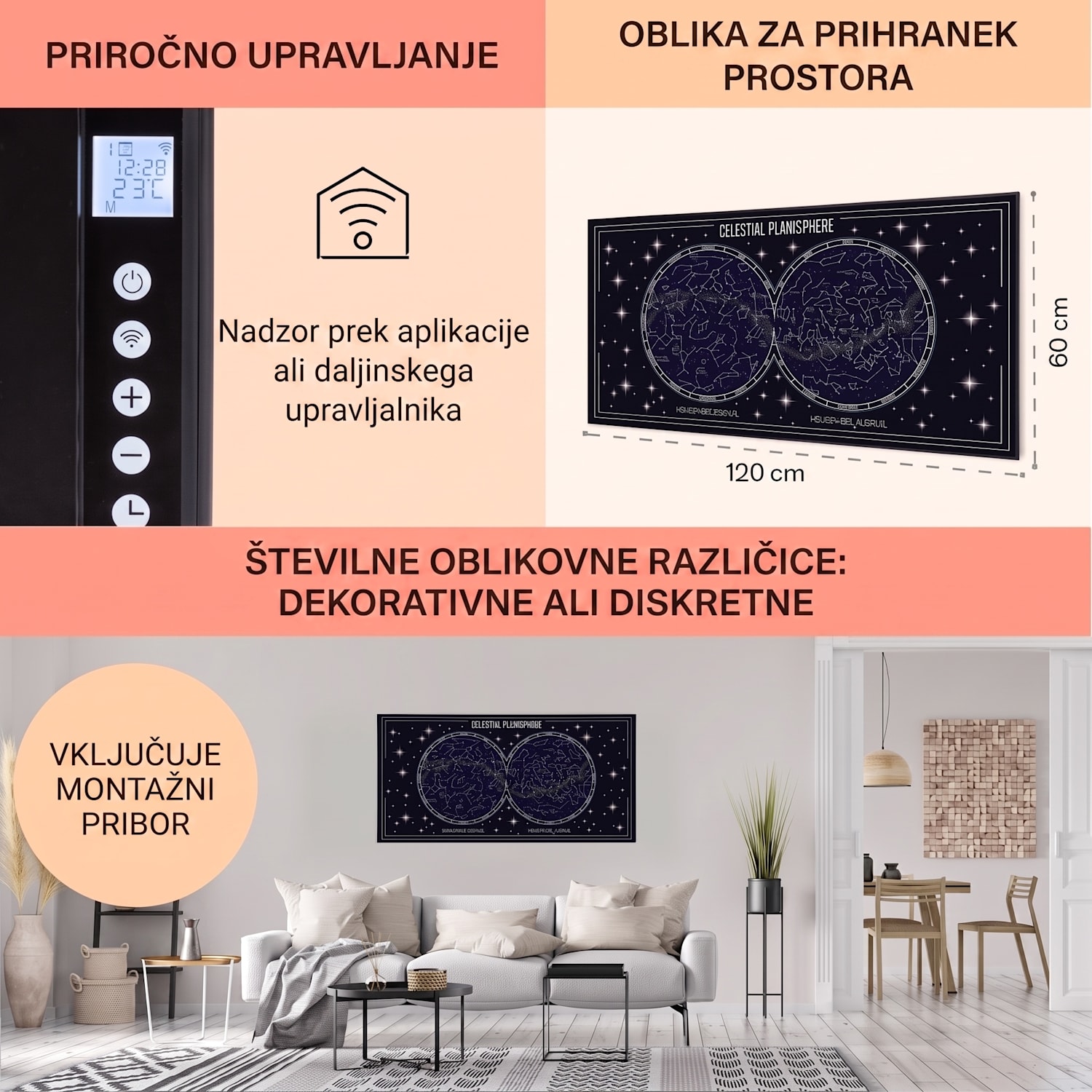 Wonderwall Air Art Smart, infrardeči grelnik, zemljevid neba, 120 x 60 cm, 700 W 