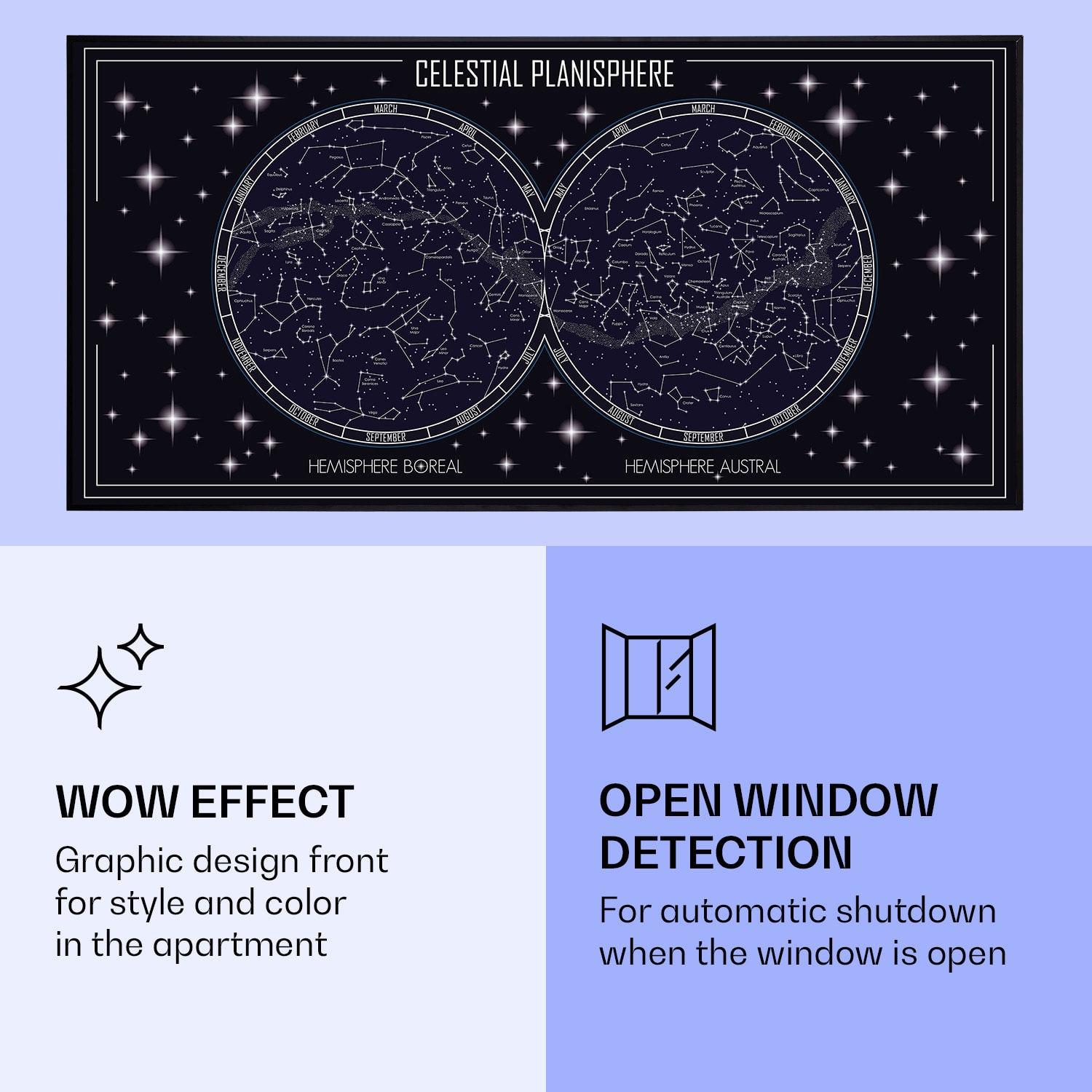 Wonderwall Air Art Smart, infračervený ohrievač, 120 x 60 cm, 700 W, mapa oblohy 120 x 60 cm | 700 W | Mapa oblohy
