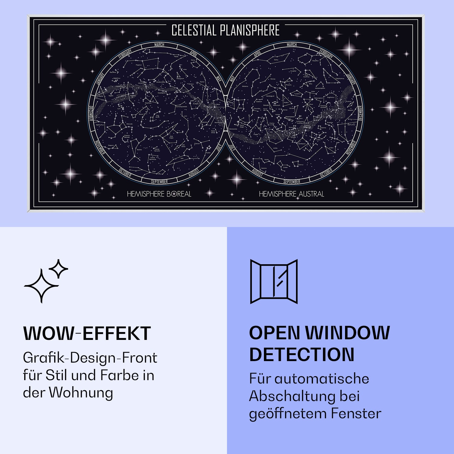 Wonderwall Air Art Smart Infrarotheizung Himmelskarte 120x60cm 700W 120 x 60 cm | Himmelskarte, weißer Rahmen