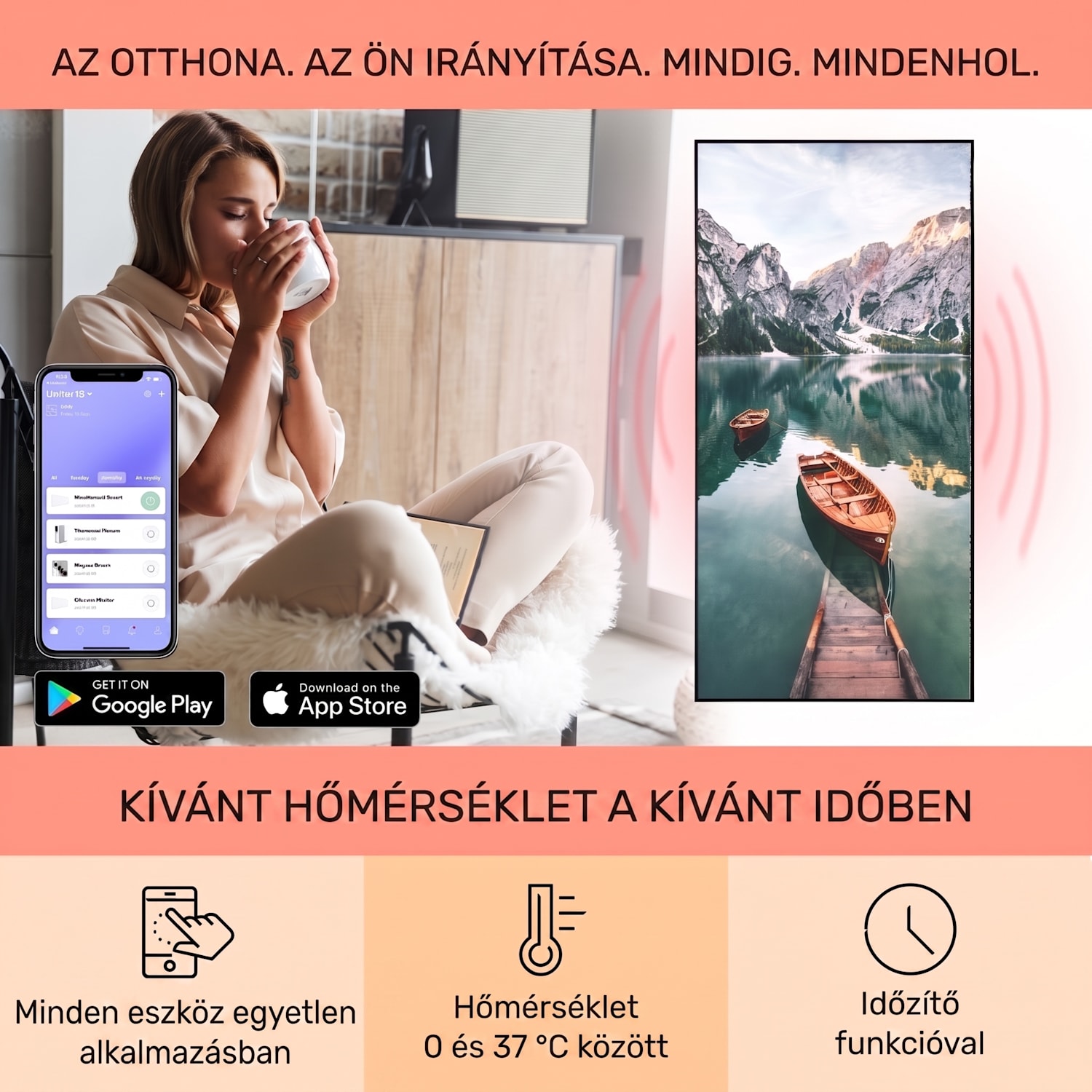 Wonderwall Air Art Smart, infravörös hősugárzó, 60 x 120 cm, 700  W, tenger függőlegesen 60 x 120 cm | 700 W | Hajók | Fekete