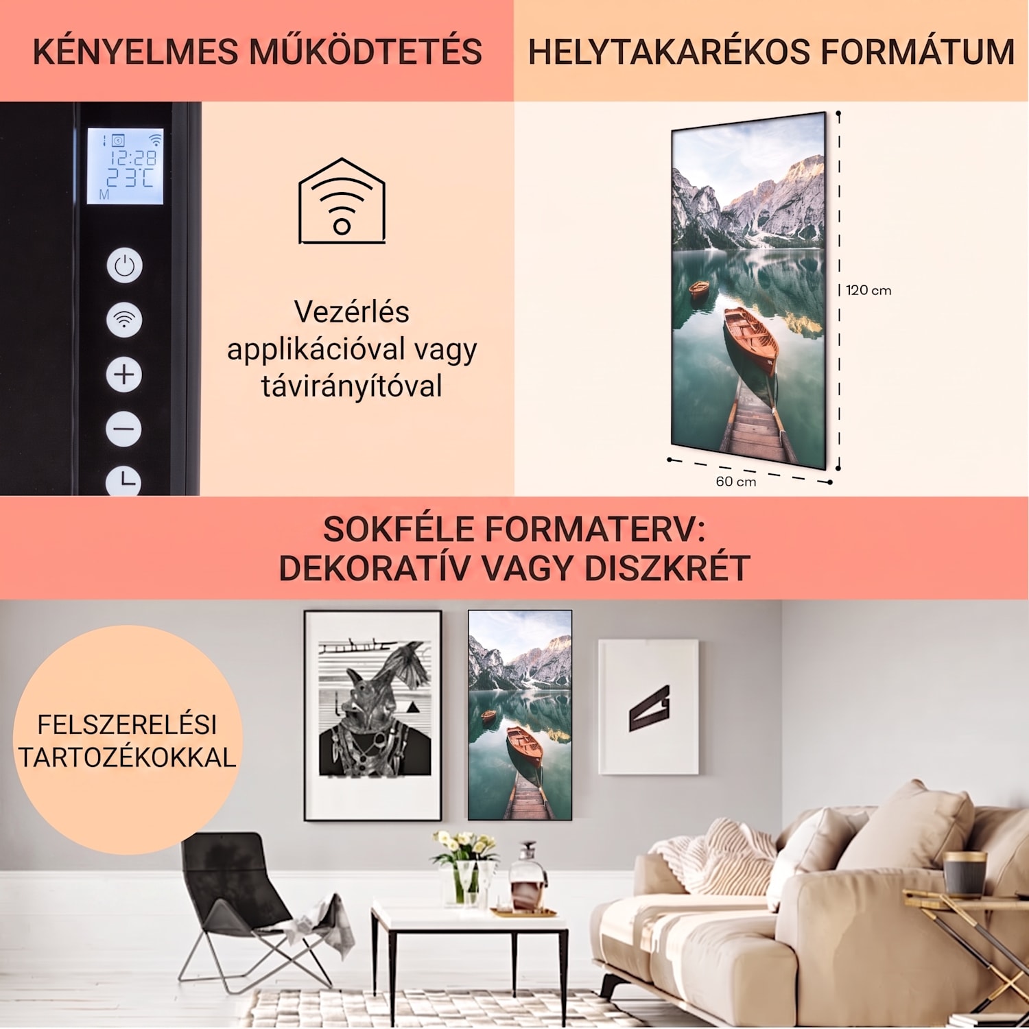 Wonderwall Air Art Smart, infravörös hősugárzó, 60 x 120 cm, 700  W, tenger függőlegesen 60 x 120 cm | 700 W | Hajók | Fekete