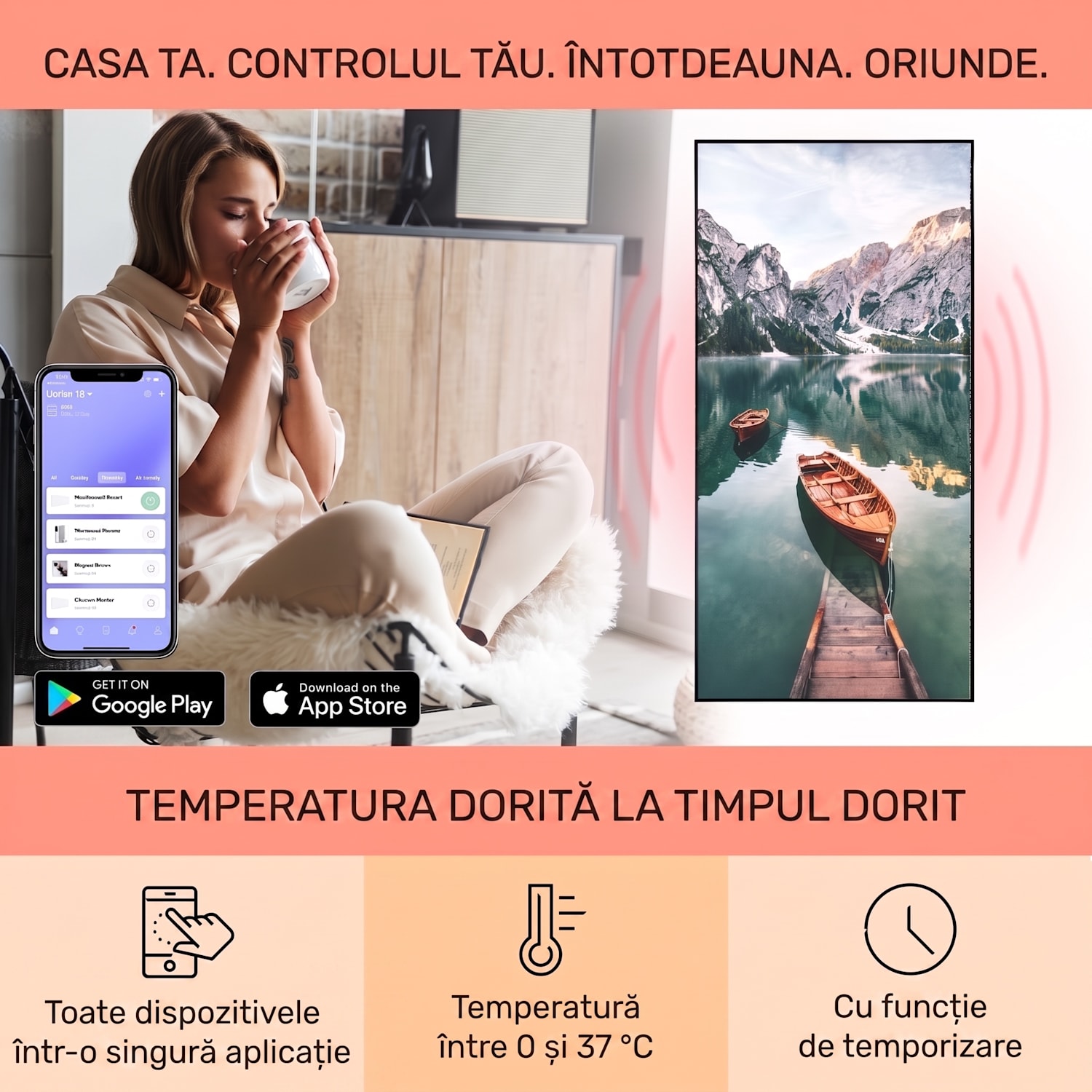 Wonderwall Air Art Smart, încălzitor cu infraroșu, mare, 60 x 120 cm, 700 W 60 x 120 cm | 700 W | Bărci | Negru