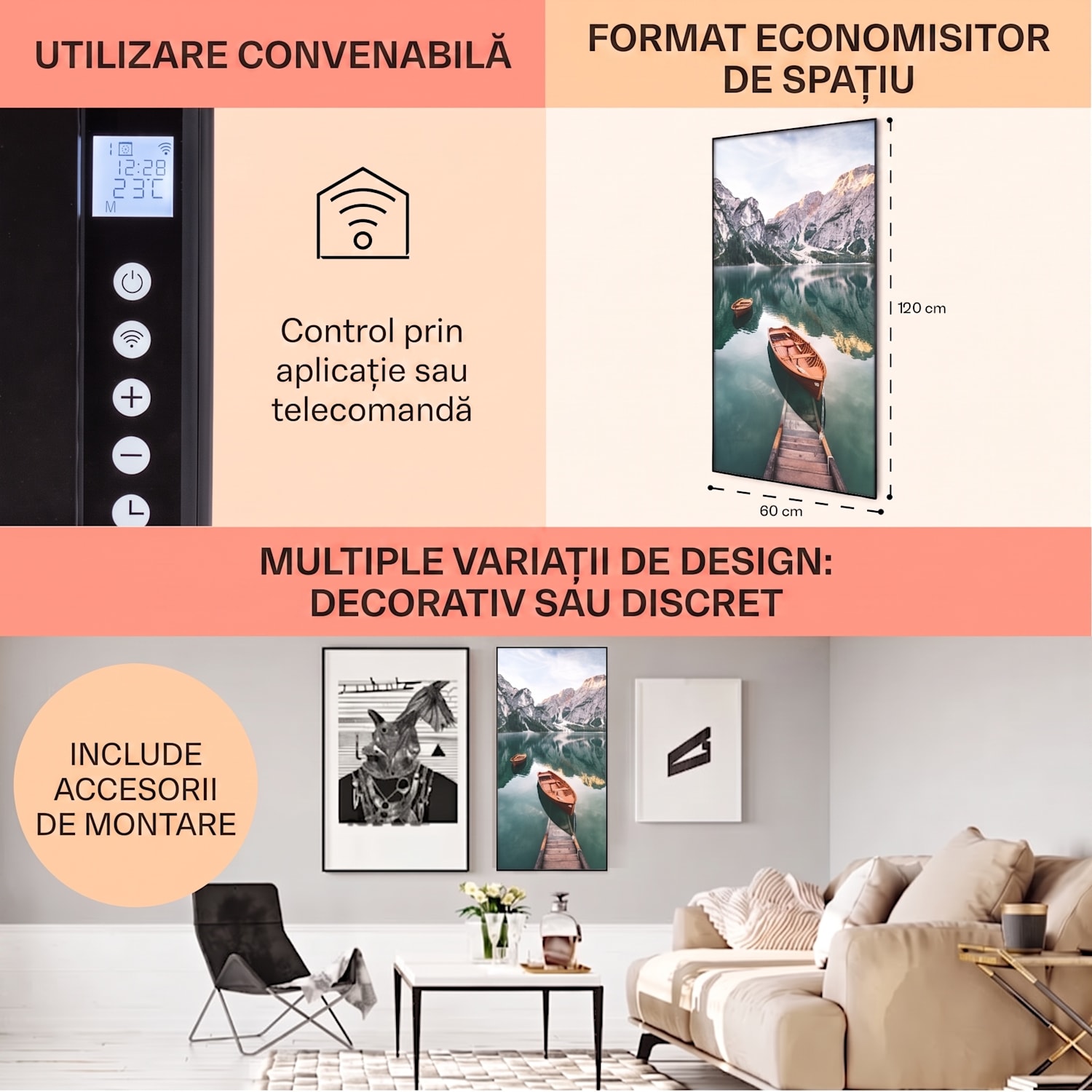 Wonderwall Air Art Smart, încălzitor cu infraroșu, mare, 60 x 120 cm, 700 W 60 x 120 cm | 700 W | Bărci | Negru