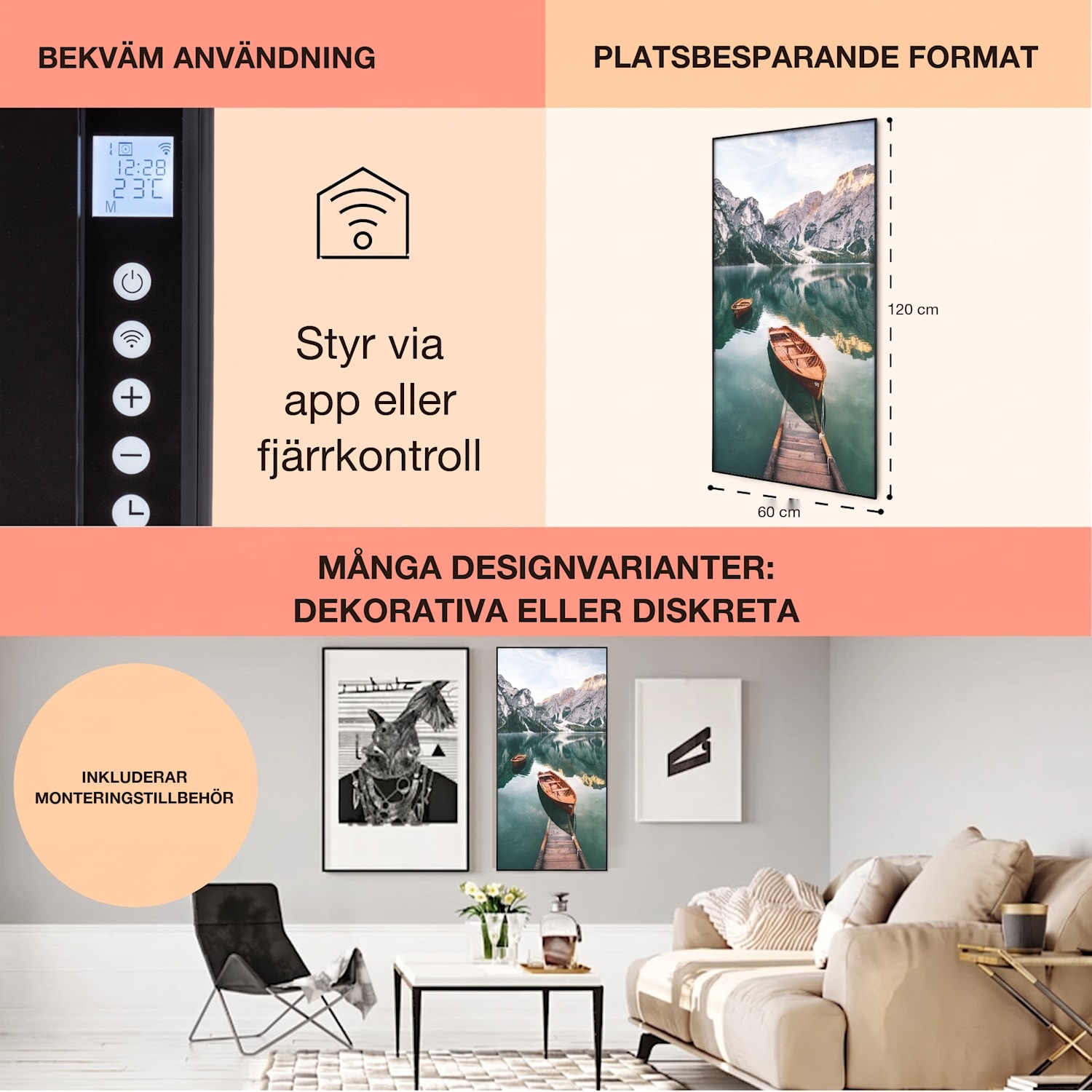 Wonderwall Air Art Smart IR-värmare sjö vertikal 60x120cm 700 W 60 x 120 cm | 700 W | Båtar | Svart