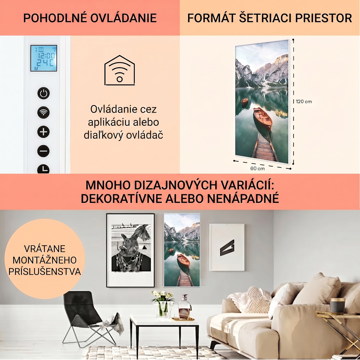 Wonderwall Air Art Smart, infračervený ohrievač, 60 x 120 cm, 700 W, more vertikálne 60 x 120 cm | 700 W | Člny | Biela