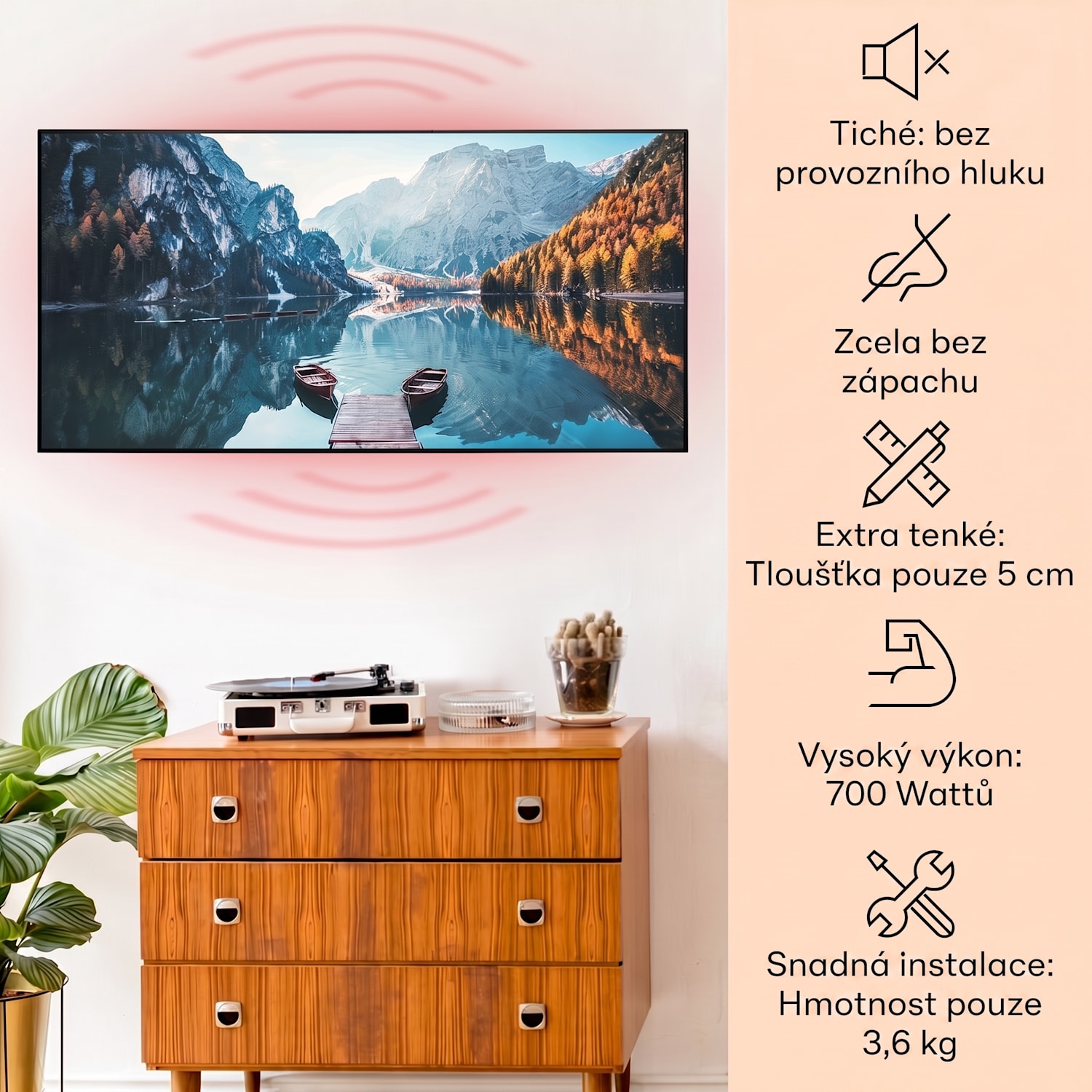 Wonderwall Air Art Smart, infračervený ohřívač, 120 x 60 cm, 700 W, moře horizontálně 120 x 60 cm | 700 W | Molo u jezera | Černá