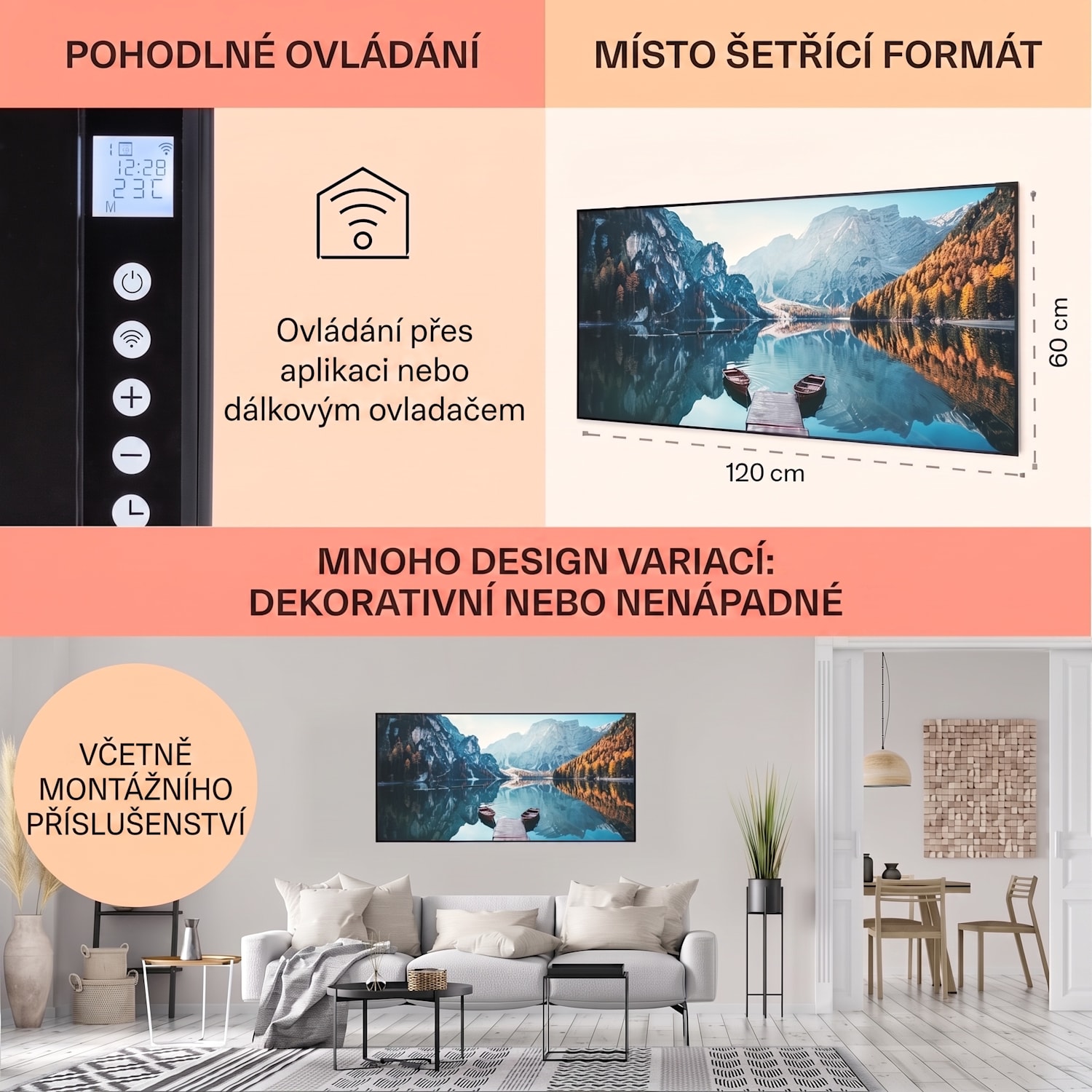 Wonderwall Air Art Smart, infračervený ohřívač, 120 x 60 cm, 700 W, moře horizontálně 120 x 60 cm | 700 W | Molo u jezera | Černá
