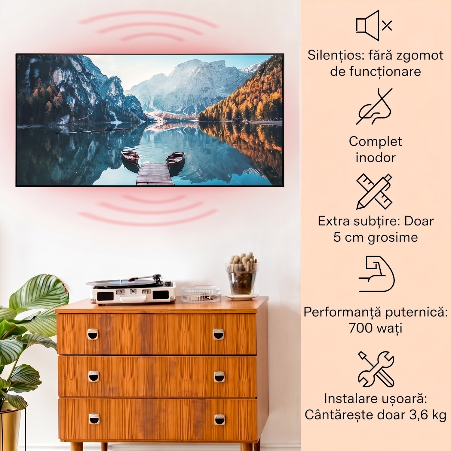 Wonderwall Air Art Smart, încălzitor cu infraroșu, mare, orizontală, 120 x 60 cm, 700 W 120 x 60 cm | 700 W | Debarcader pe lac | Negru