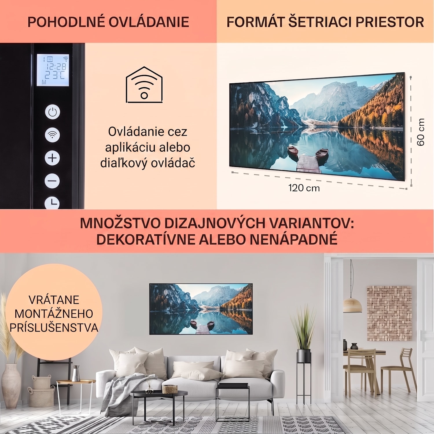 Wonderwall Air Art Smart, infračervený ohrievač, 120 x 60 cm, 700 W, more vertikálne 120 x 60 cm | 700 W | Mólo na jazere | Čierna