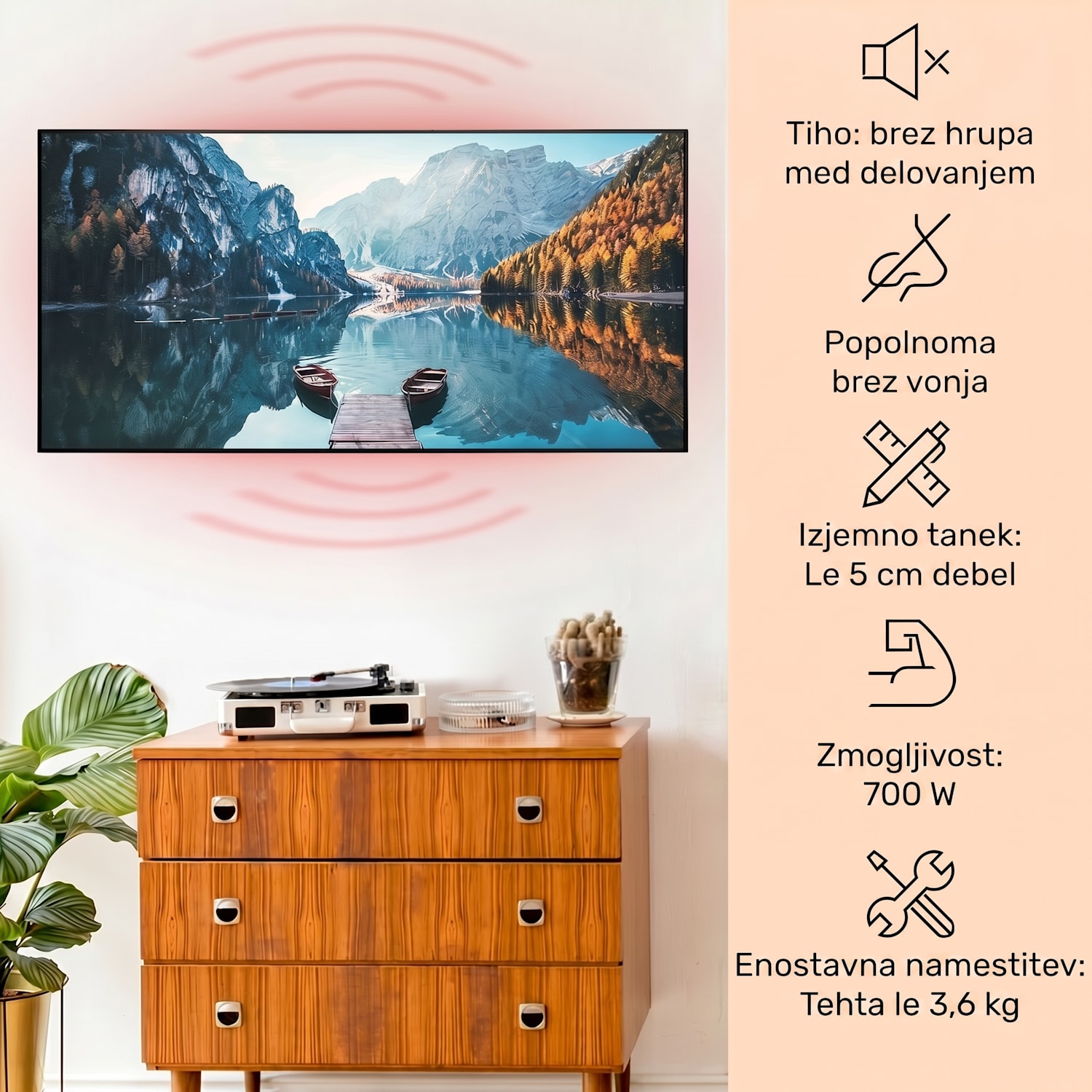Wonderwall Air Art Smart, infrardeči grelec, vodoravno morje, 120 x 60 cm, 700 W 120 x 60 cm | 700 W | Pomol na jezeru | Črna