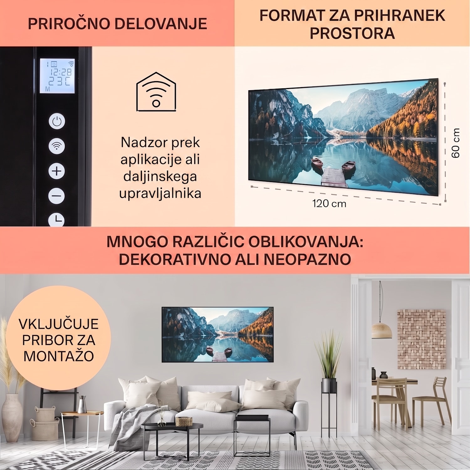 Wonderwall Air Art Smart, infrardeči grelec, vodoravno morje, 120 x 60 cm, 700 W 120 x 60 cm | 700 W | Pomol na jezeru | Črna