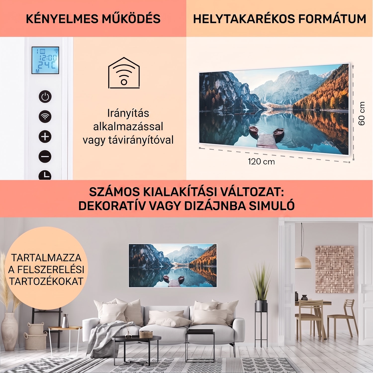 Wonderwall Air Art Smart, infravörös hősugárzó, 120 x 60 cm, 700 W, tenger vízszintesen 120 x 60 cm | 700 W | Stég a tavon | Fehér