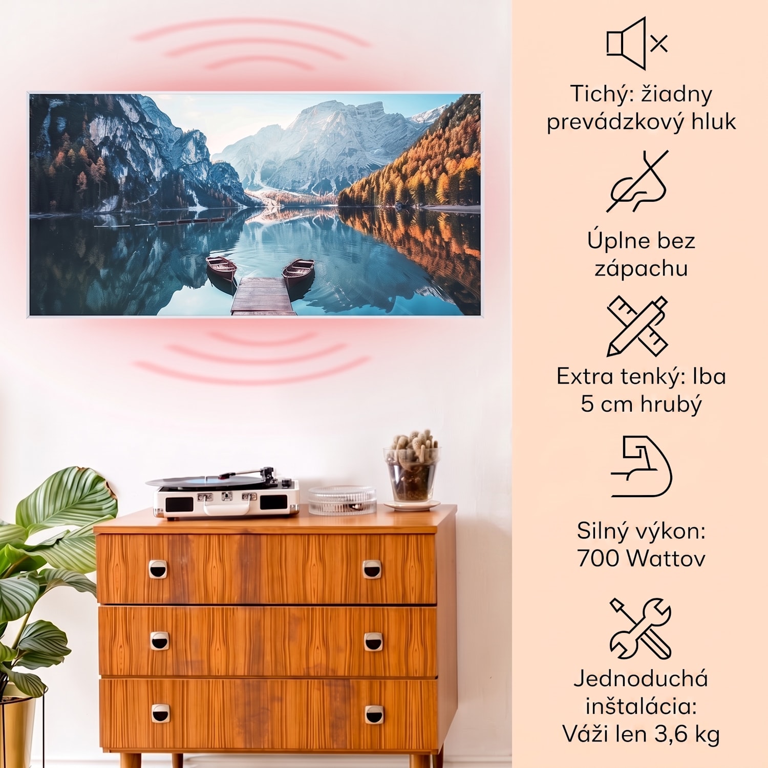 Wonderwall Air Art Smart, infračervený ohrievač, 120 x 60 cm, 700 W, more horizontálne 120 x 60 cm | 700 W | Mólo na jazere | Biela