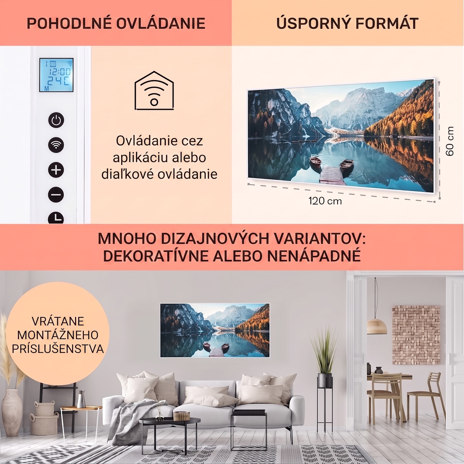 Wonderwall Air Art Smart, infračervený ohrievač, 120 x 60 cm, 700 W, more horizontálne 120 x 60 cm | 700 W | Mólo na jazere | Biela