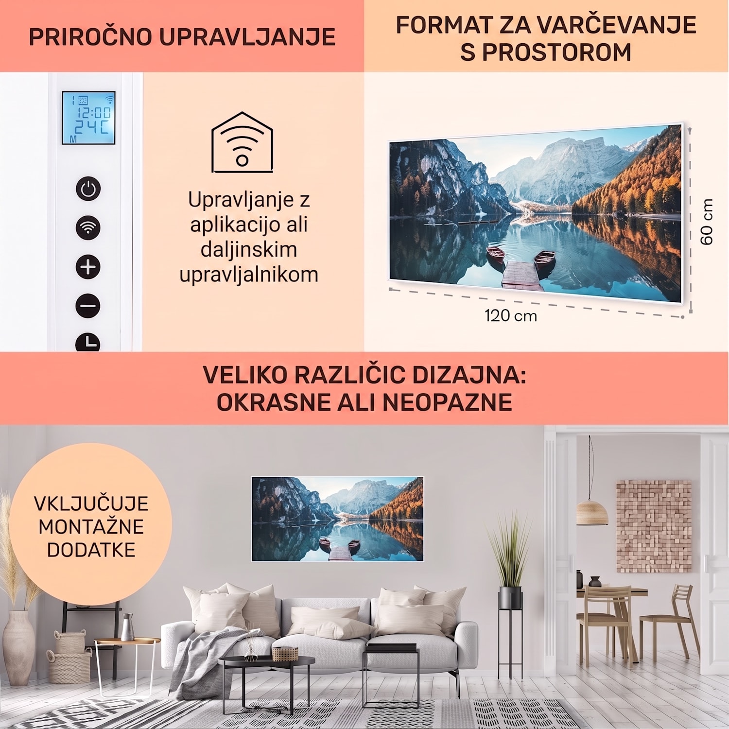 Wonderwall Air Art Smart, infrardeči grelec, vodoravno morje, 120 x 60 cm, 700 W 120 x 60 cm | 700 W | Pomol na jezeru | Bela