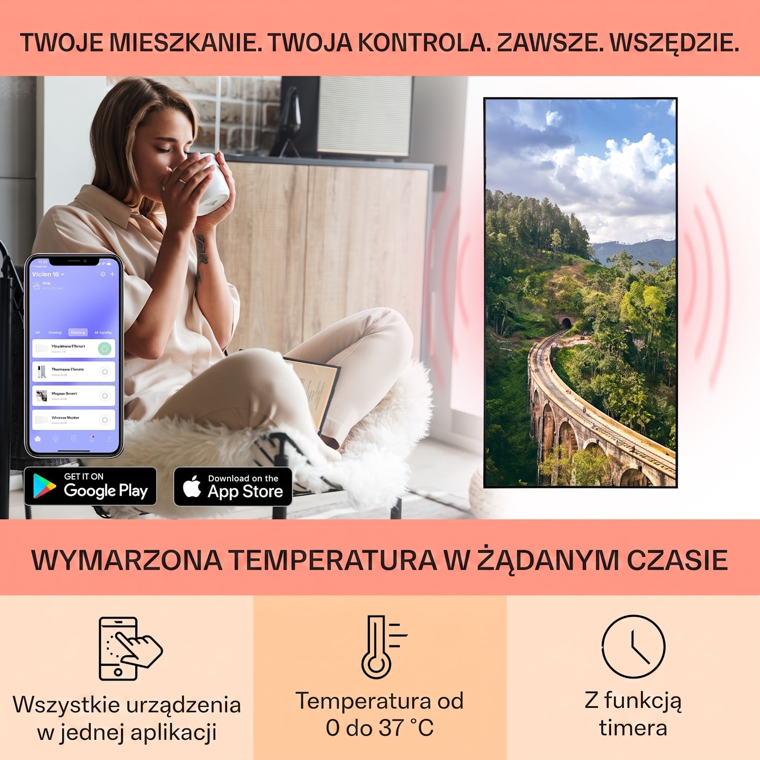 Wonderwall Air Art Smart, panel grzewczy na podczerwień, grzejnik, 60 x 120 cm, 700 W, pociąg 60 x 120 cm | 700 W | Pociąg