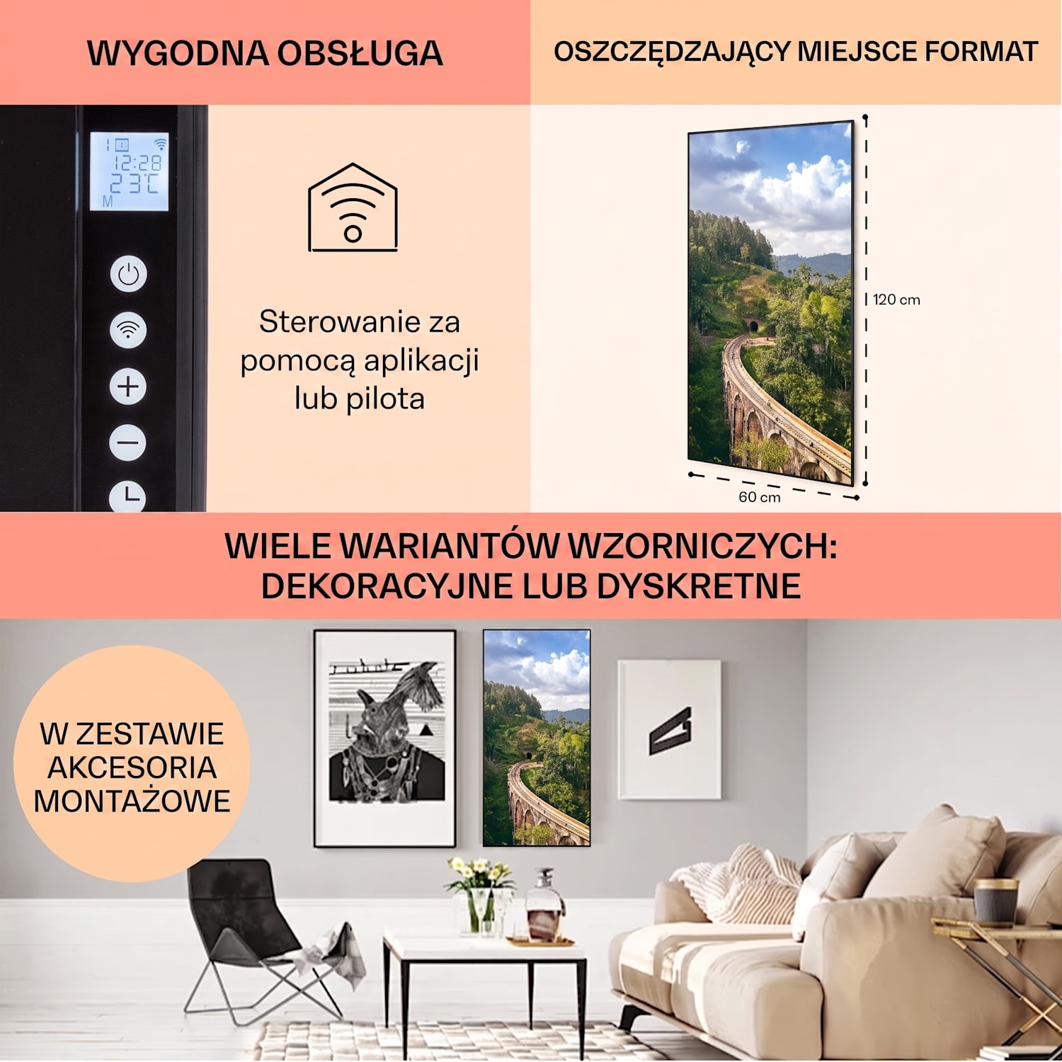 Wonderwall Air Art Smart, panel grzewczy na podczerwień, grzejnik, 60 x 120 cm, 700 W, pociąg 60 x 120 cm | 700 W | Pociąg