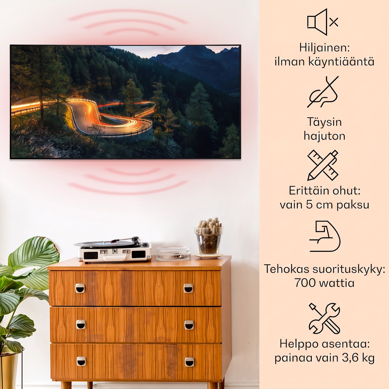 Wonderwall Air Art Smart infrapunalämmitin vuoristotie 120 x 60 cm 700 W 120 x 60 cm | Mountain Road, musta kehys