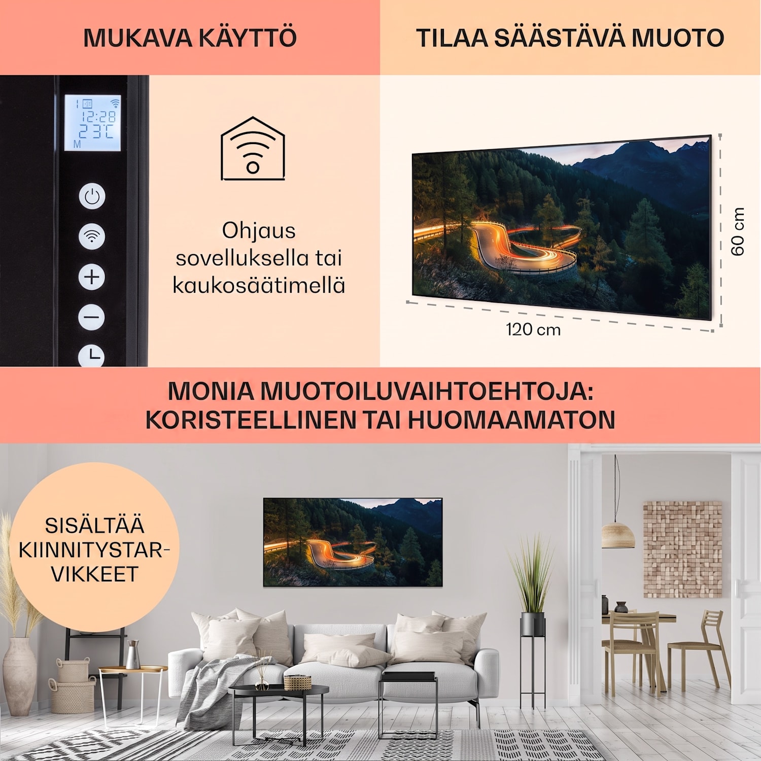 Wonderwall Air Art Smart infrapunalämmitin vuoristotie 120 x 60 cm 700 W 120 x 60 cm | Mountain Road, musta kehys