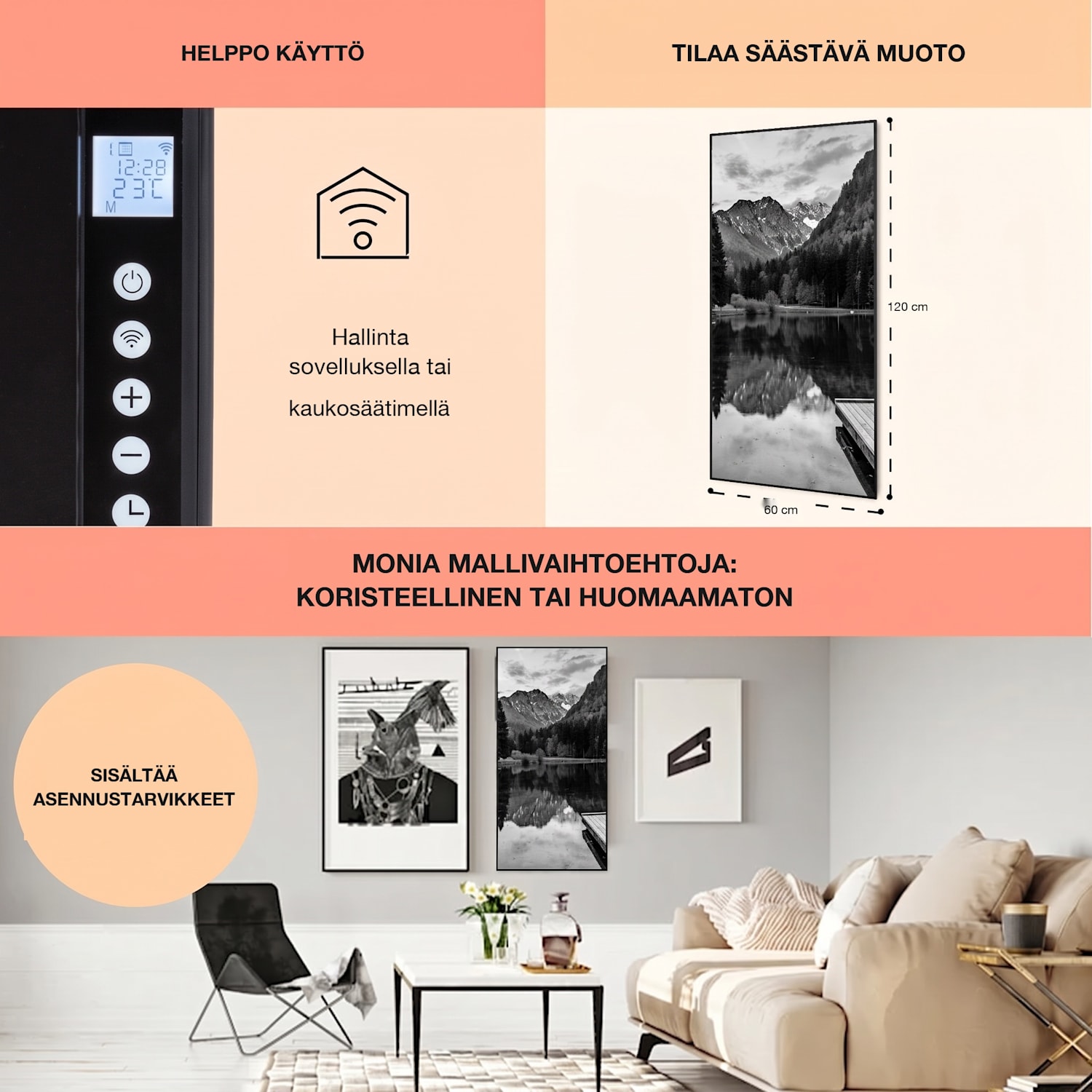 Wonderwall Air Art Smart infrapunalämmitin meri mustavalkoinen 60 x 120 cm 700 W 60 x 120 cm | 700 W | Reflection