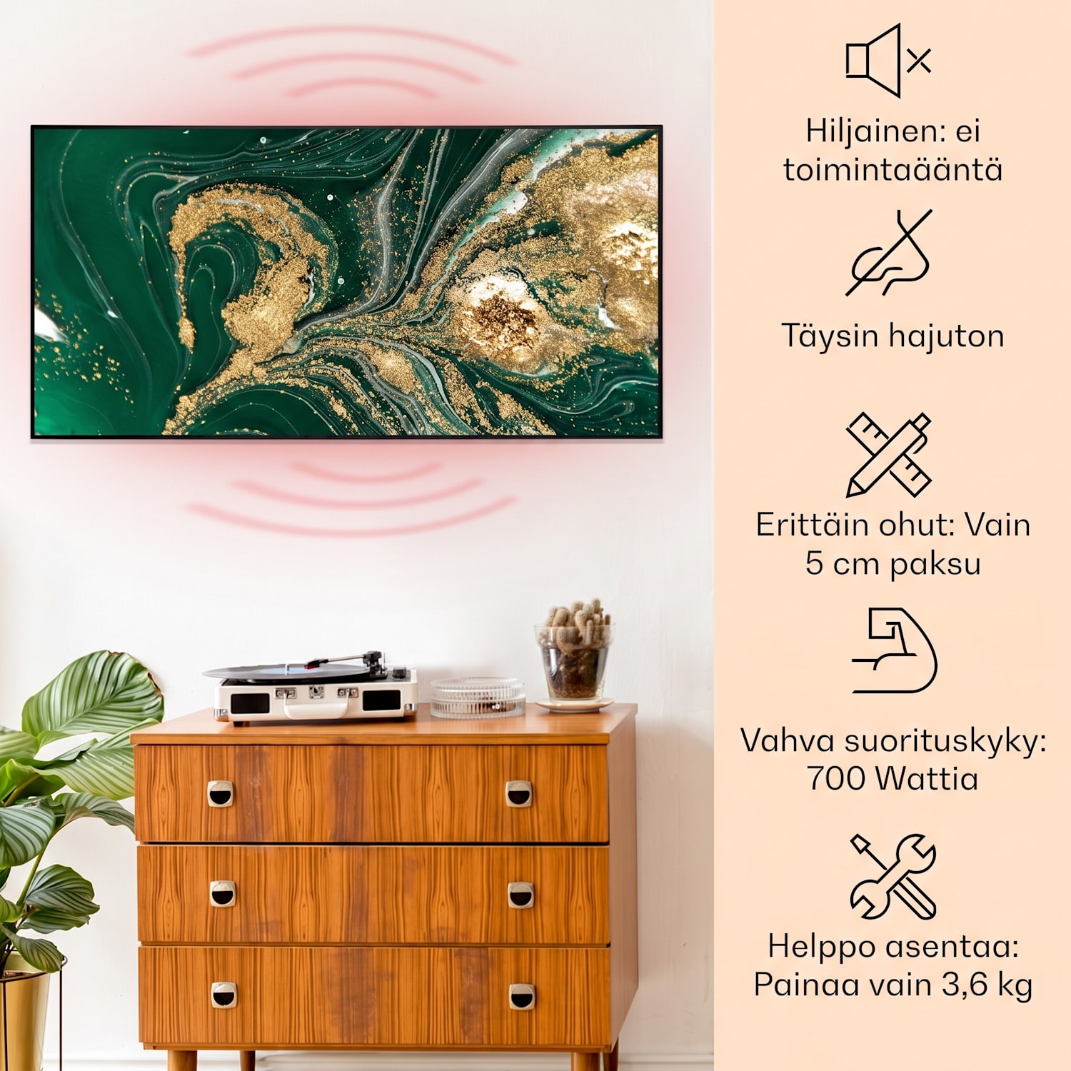 Wonderwall Air Art Smart infrapunalämmitin pyörre 120 x 60 cm 700 W 120 x 60 cm | Pyörät, musta kehys