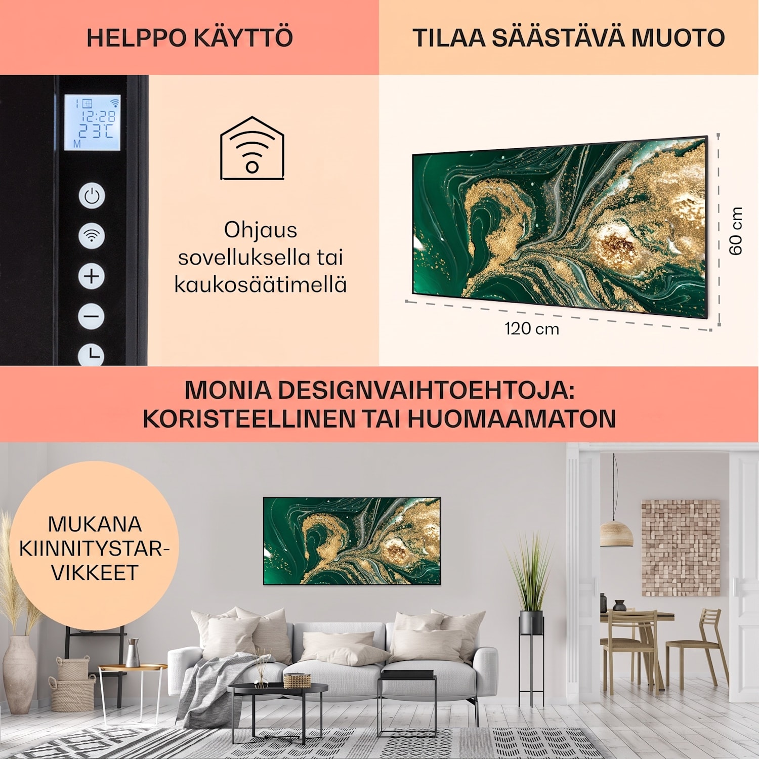 Wonderwall Air Art Smart infrapunalämmitin pyörre 120 x 60 cm 700 W 120 x 60 cm | Pyörät, musta kehys