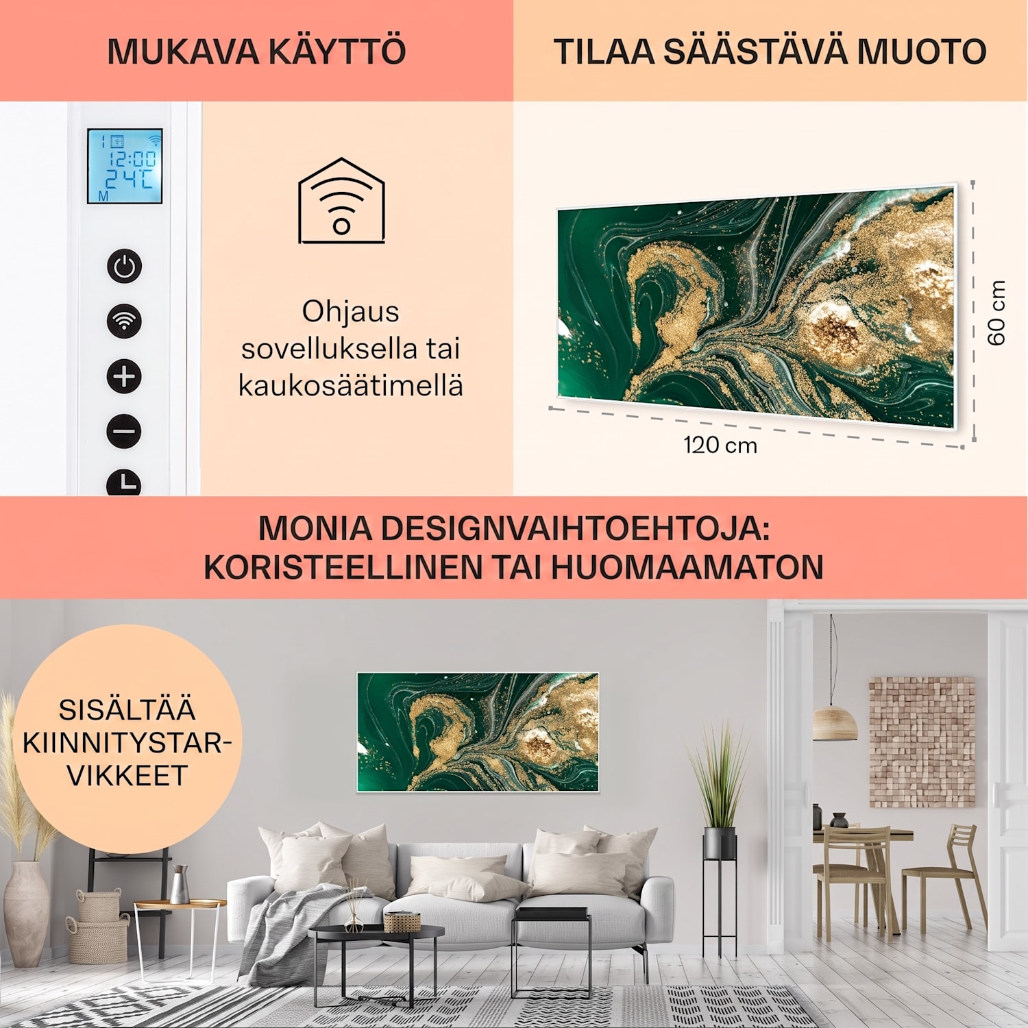 Wonderwall Air Art Smart infrapunalämmitin pyörre 120 x 60 cm 700 W 120 x 60 cm | Pyörät, valkoinen kehys
