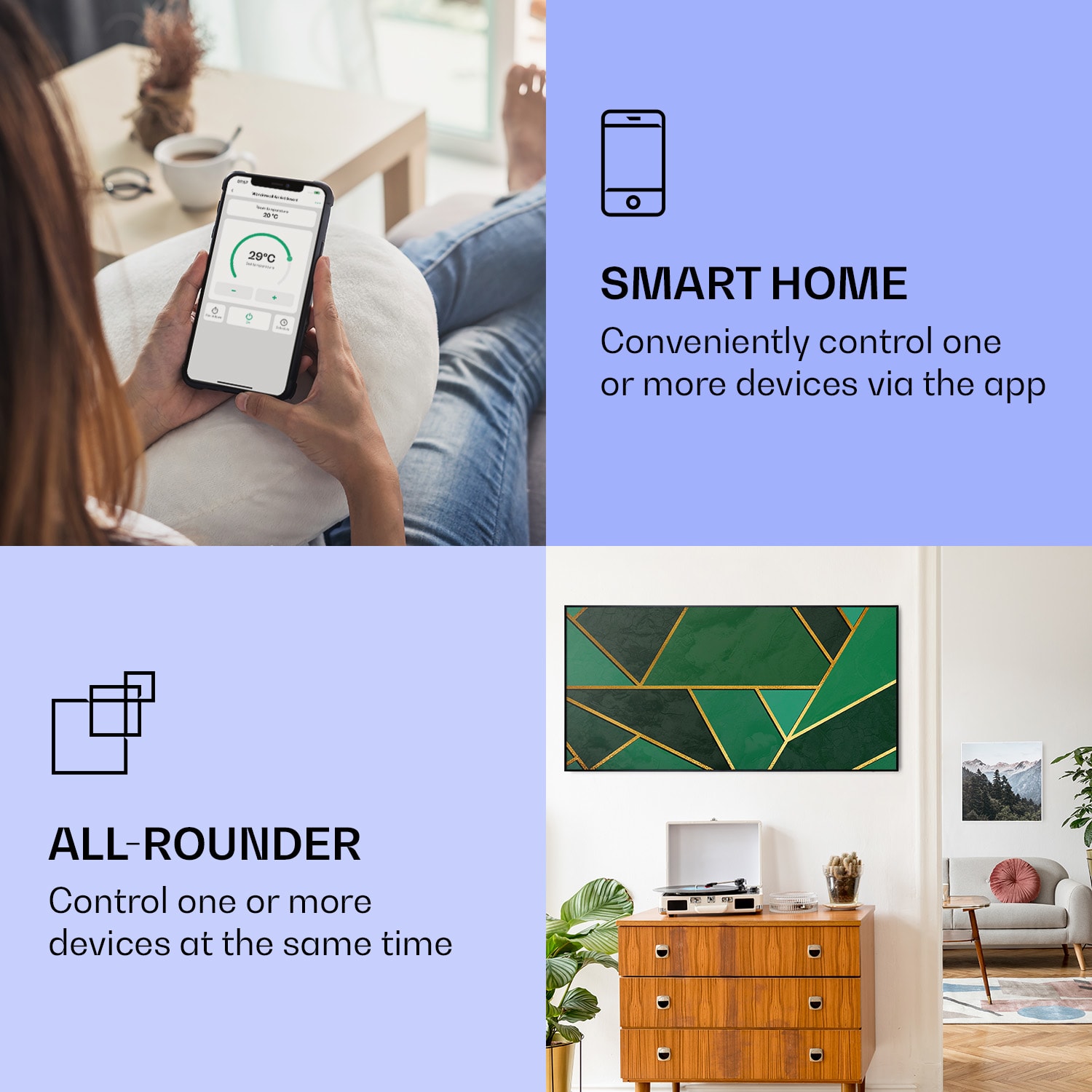 Wonderwall Air Art Smart, инфрачервен отоплител, зелена линия, 120 х 60 см, 700 W 120 x 60 cm | Зелена линия, черна рамка