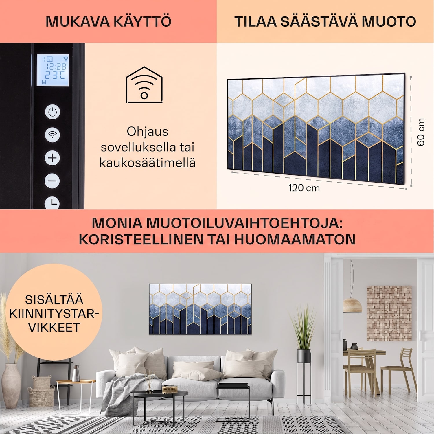 Wonderwall Air Art Smart infrapunalämmitin sininen linja 120 x 60 cm 700 W 120 x 60 cm | Sininen viiva, musta kehys