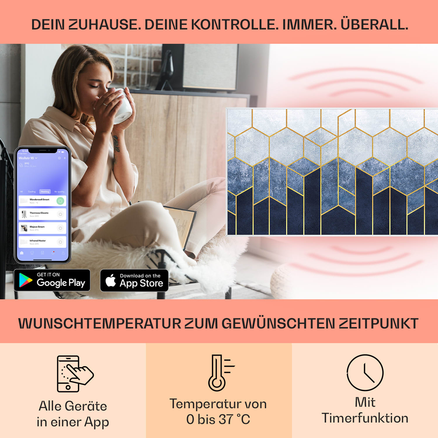 Radiateur infrarouge intelligent Wonderwall Air Art décor ligne bleue 120x60 cm 700 W 120 x 60 cm | Ligne bleue, cadre blanc